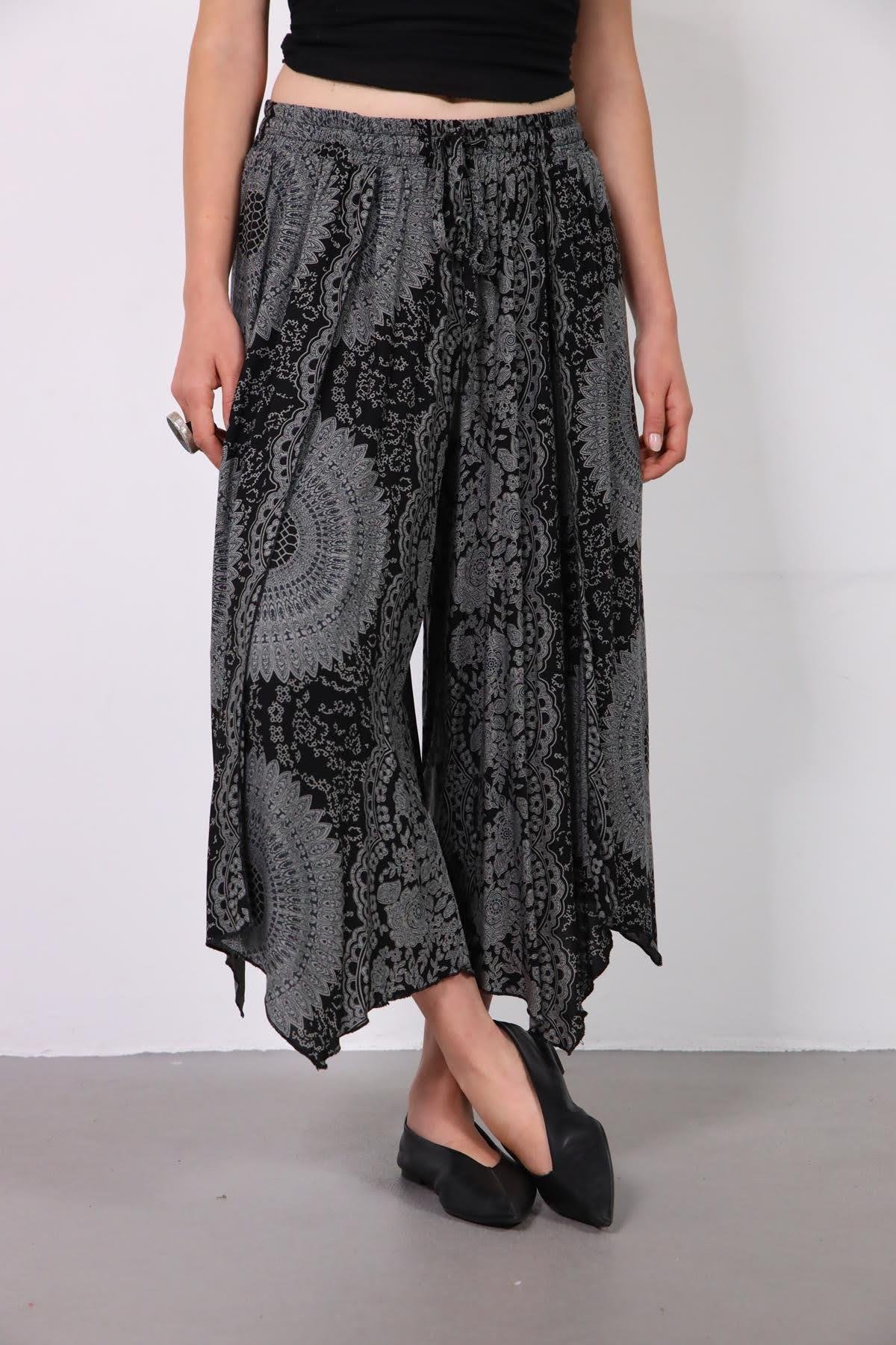 Grey Patterned Elastic Waist Asymmetrical Trousers - Saman Butik | Shop Online Grey Patterned Elastic Waist Asymmetrical Trousers