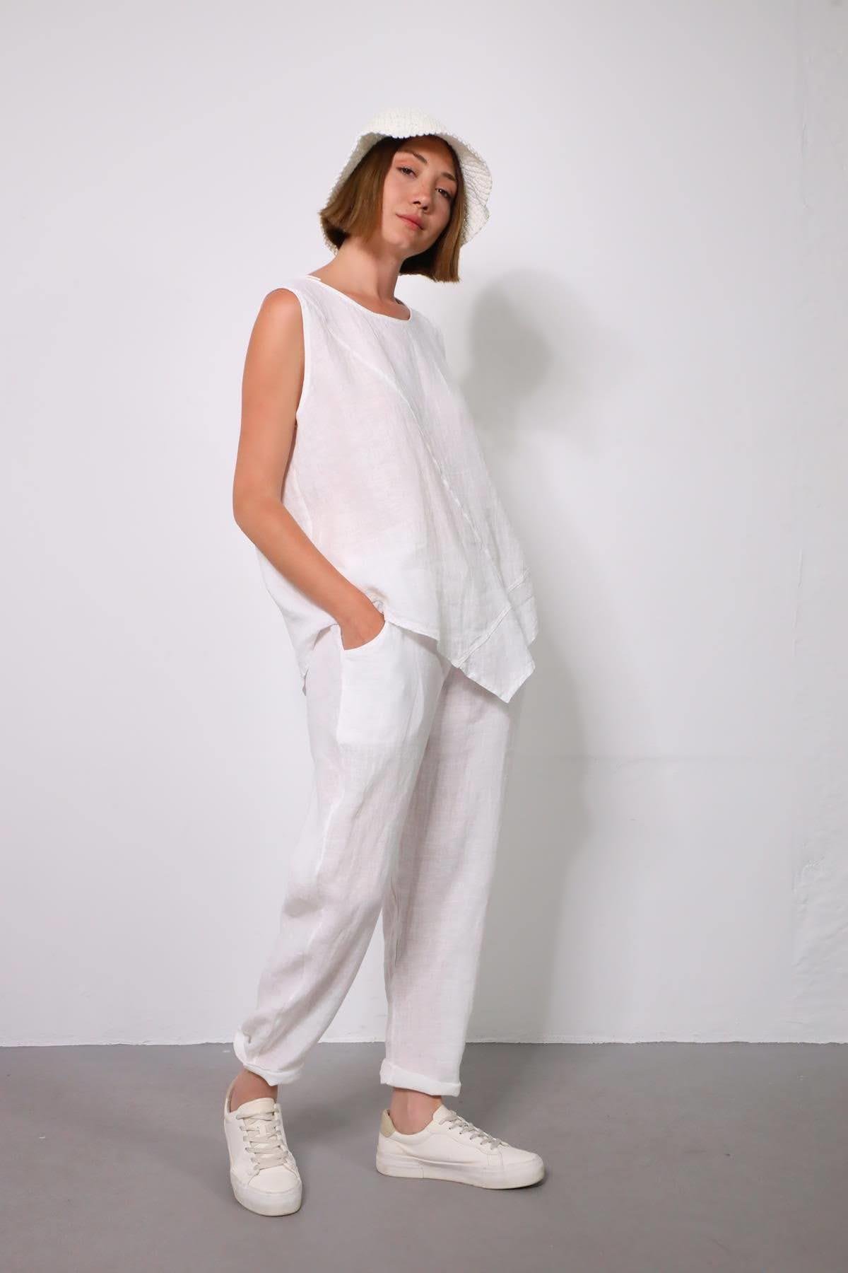  Beyaz Dikişli Sıfır Kol Bluz ve Pantolon Keten Takım