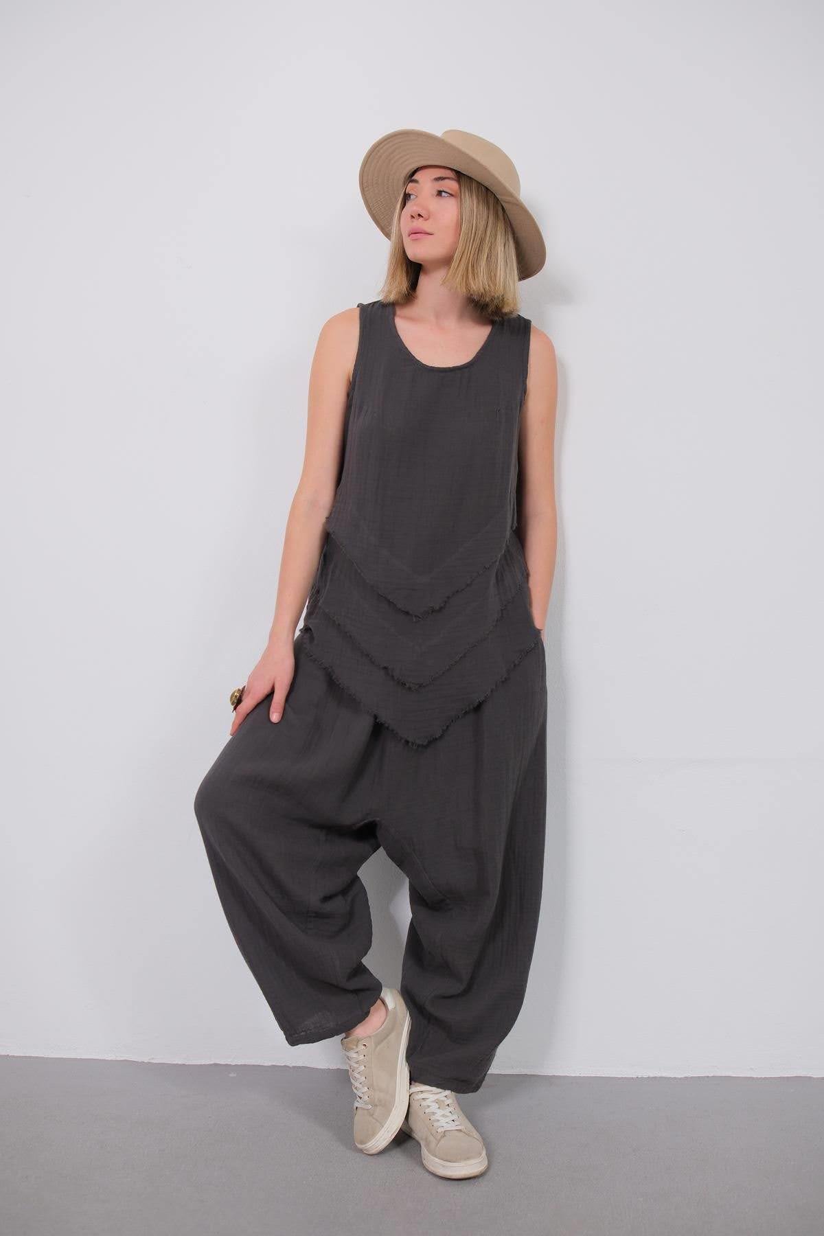  Antrasit Beli İpli Müslin Şalvar