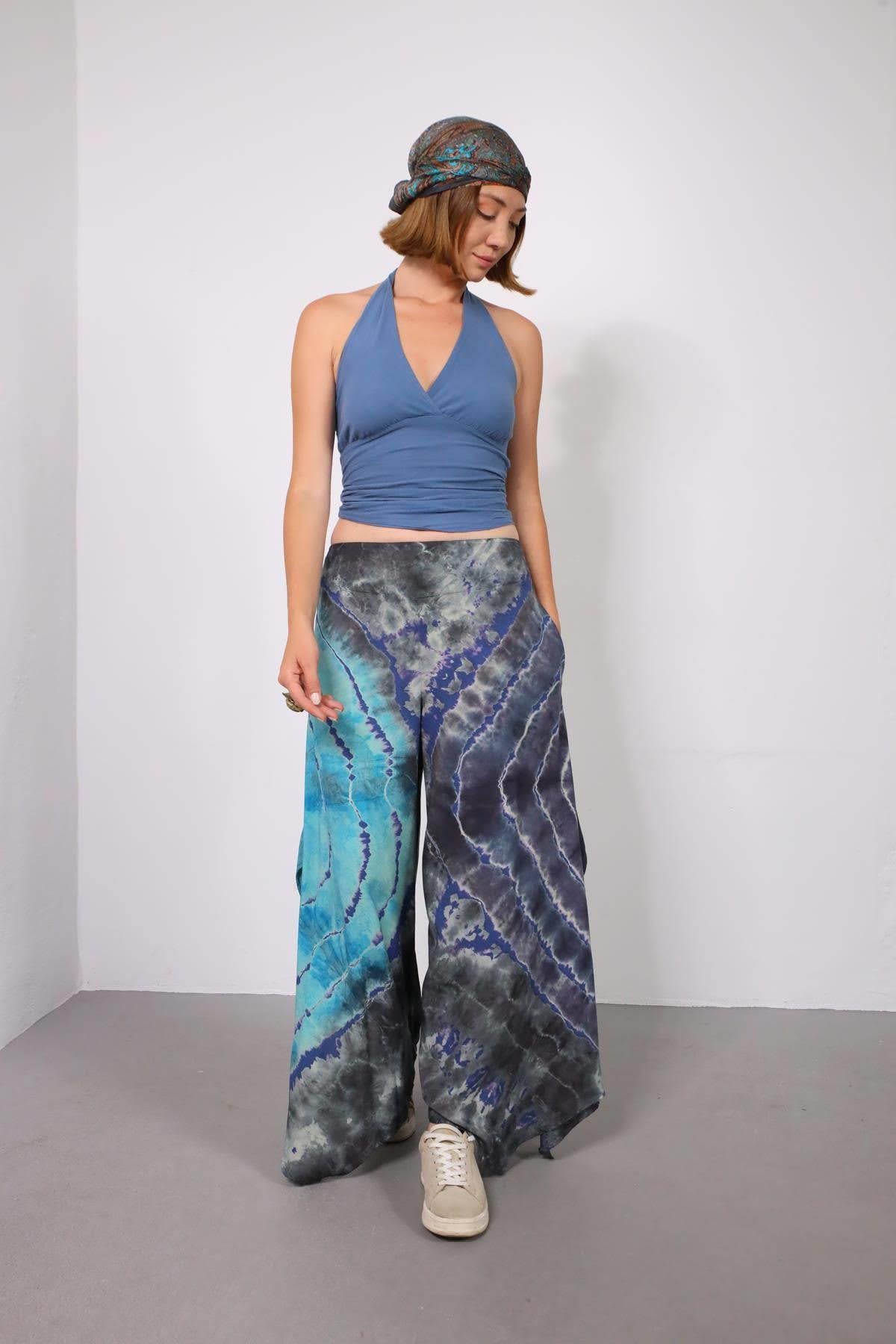 Turkuaz Batikli Yanları Yırtmaçlı Pantolon - Şaman Butik Turkuaz Batikli Yanları Yırtmaçlı Pantolon