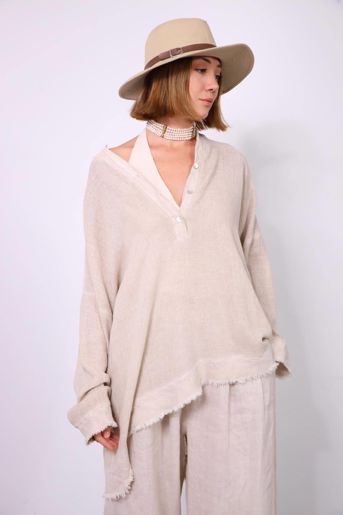  Krem Rengi Püsküllü Keten Detaylı Hakim Yaka Tunik