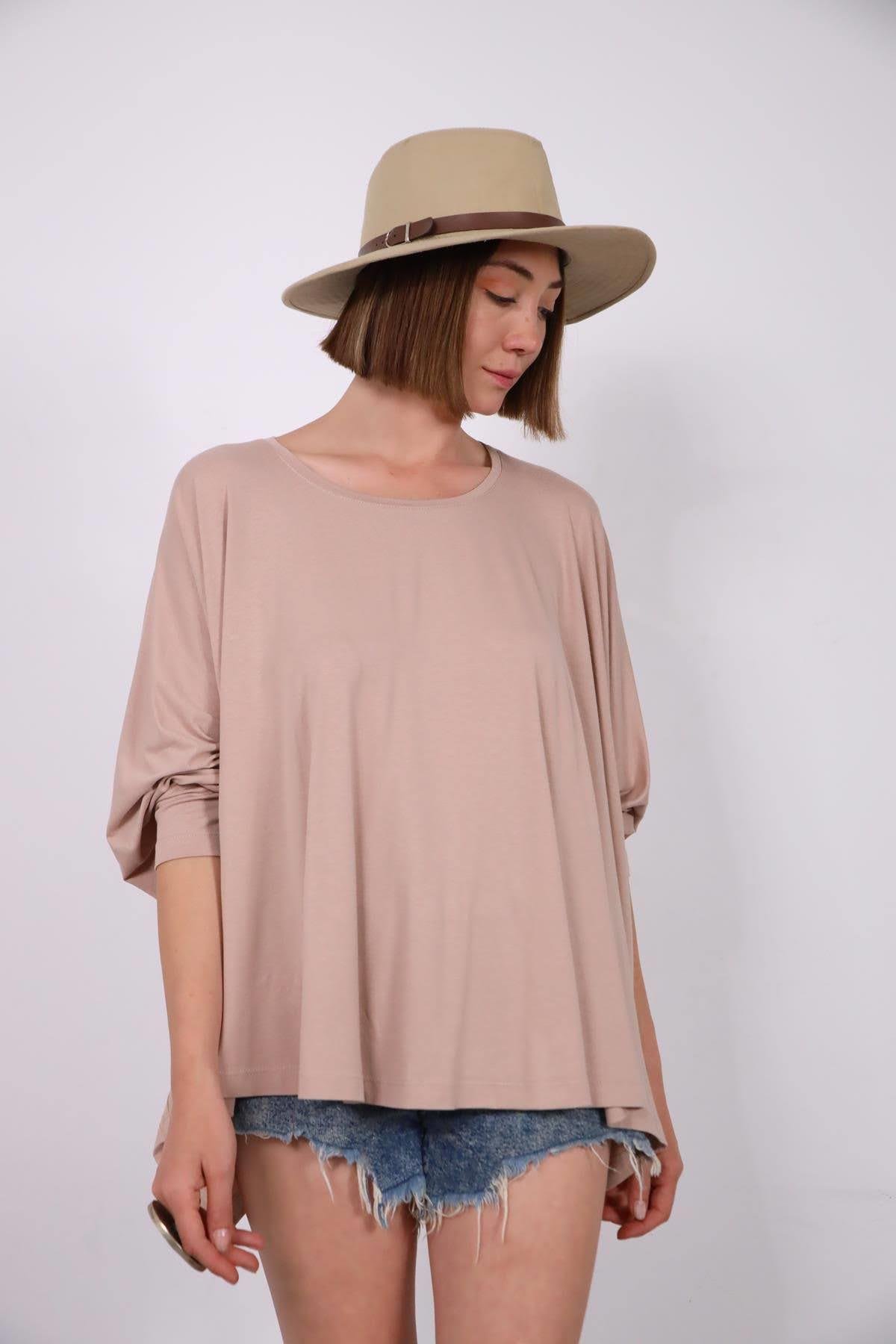  Bej Bisiklet Yaka Yarasa Kol Tunik