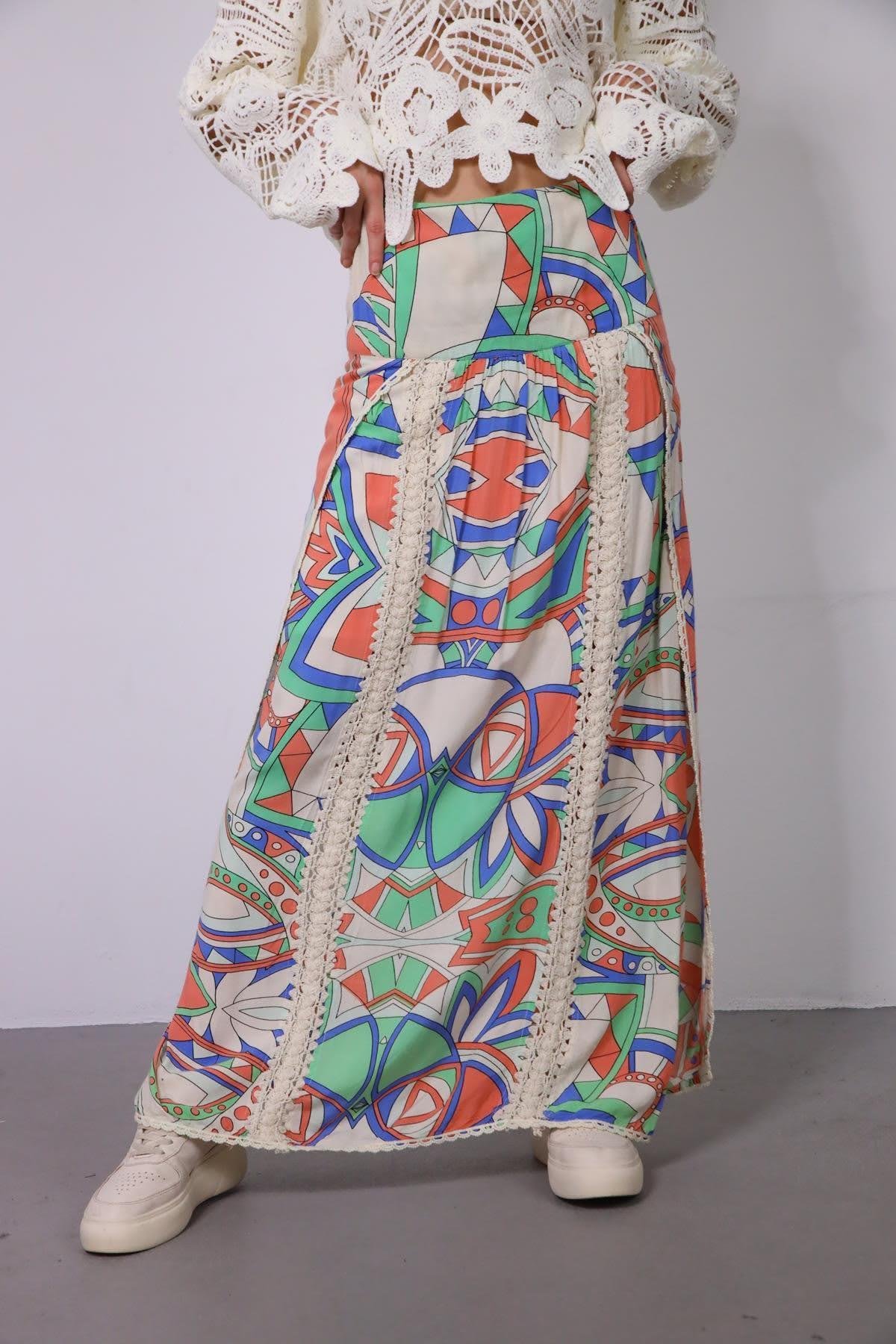 Beige Colorful Patterned Stitch Detailed Skirt - Şaman Butik | Shop Online Beige Colorful Patterned Stitch Detailed Skirt