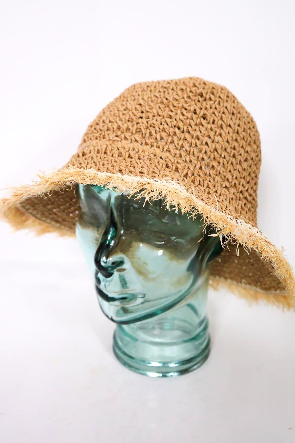  Camel Rengi Saçaklı El Örgüsü Hasır Şapka