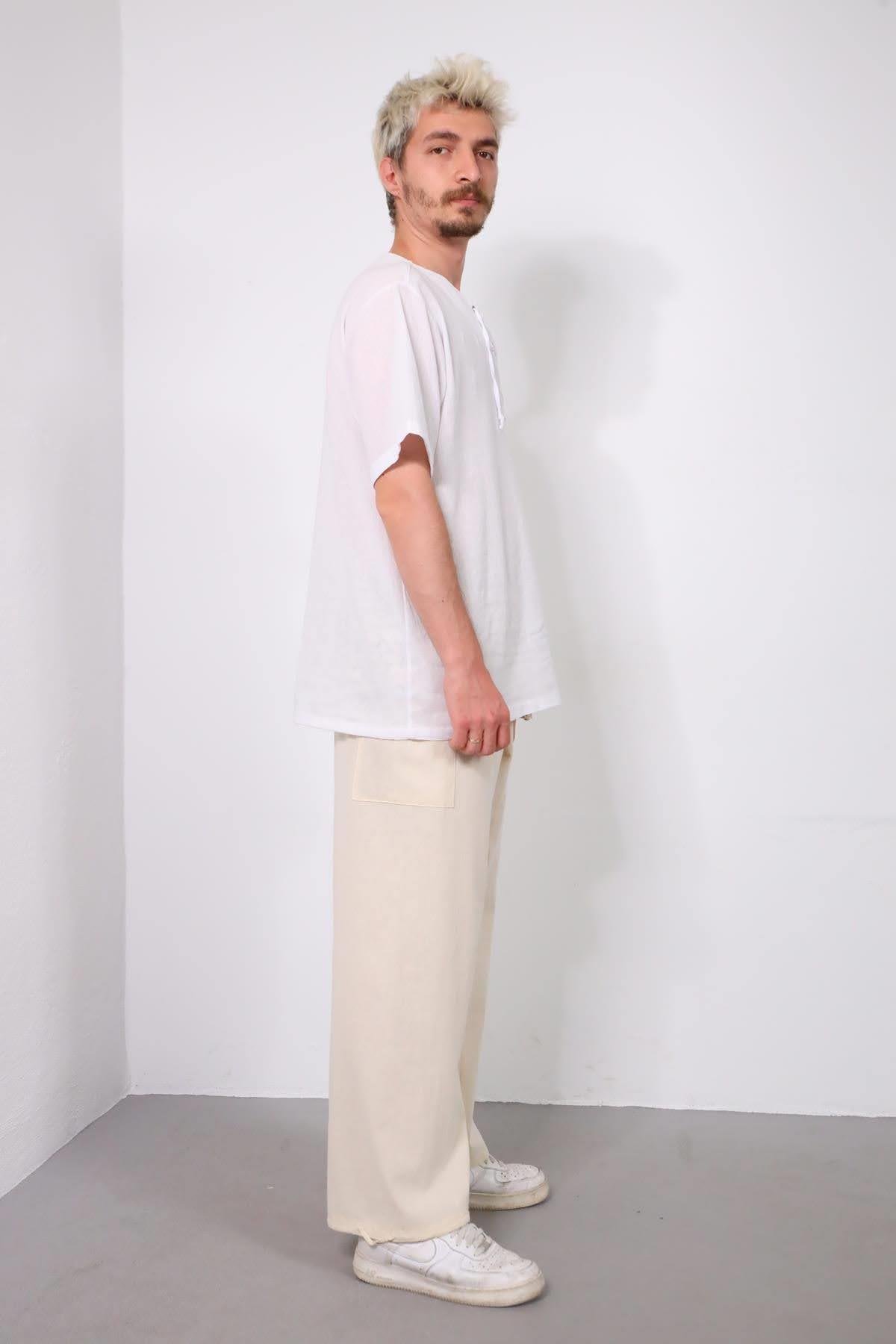  Krem Rengi Beli Desenli Balıkçı Pantolon