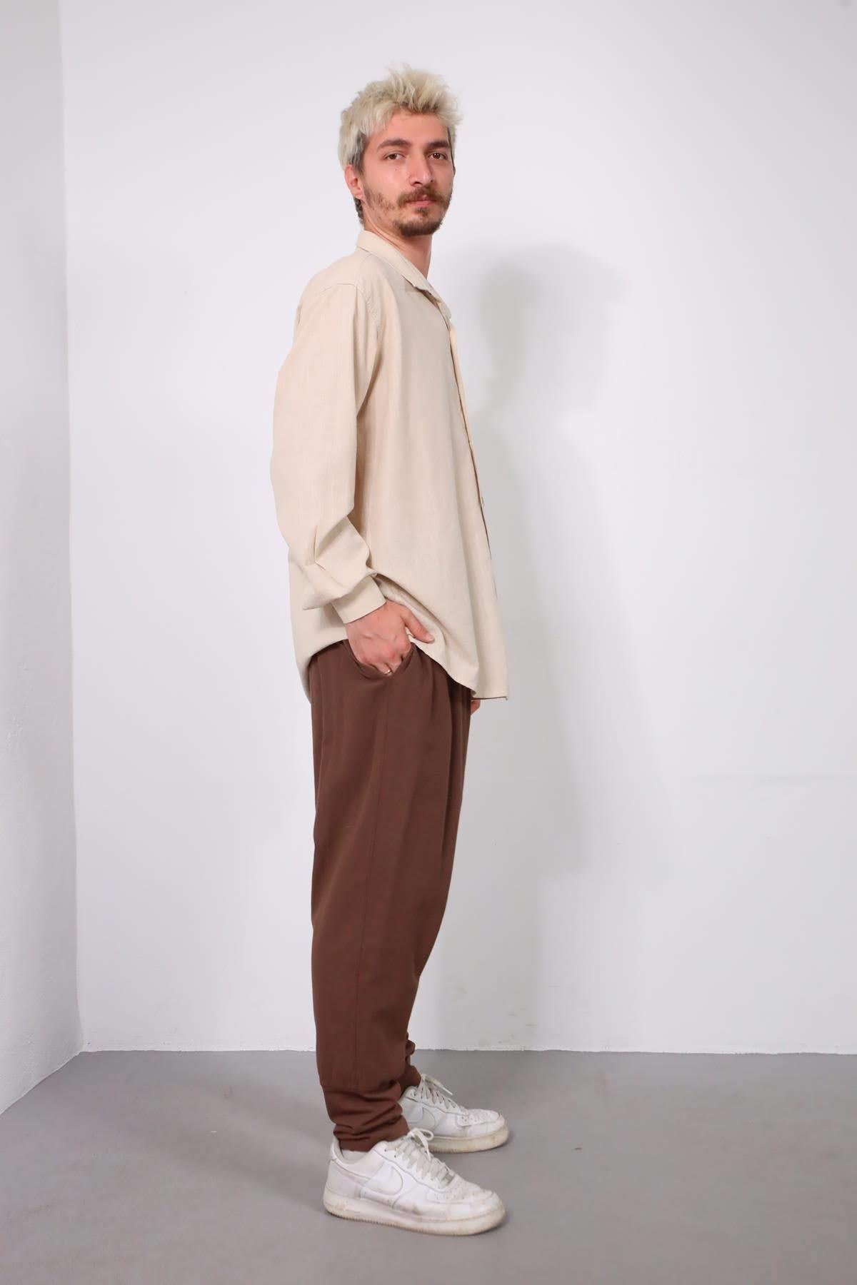  Kahverengi Çapraz Pileli Tek Düğme Pantolon