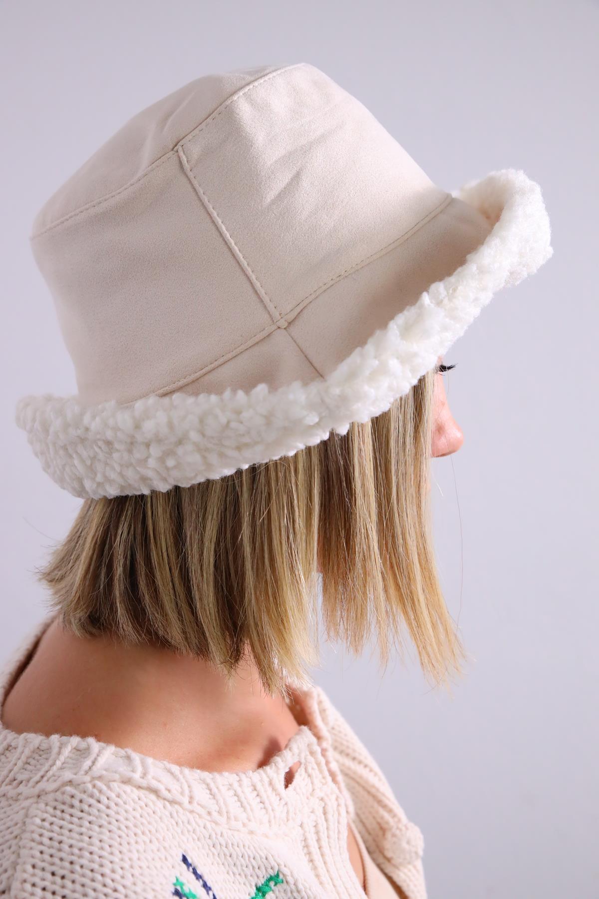  Krem Rengi Süet Bucket Şapka