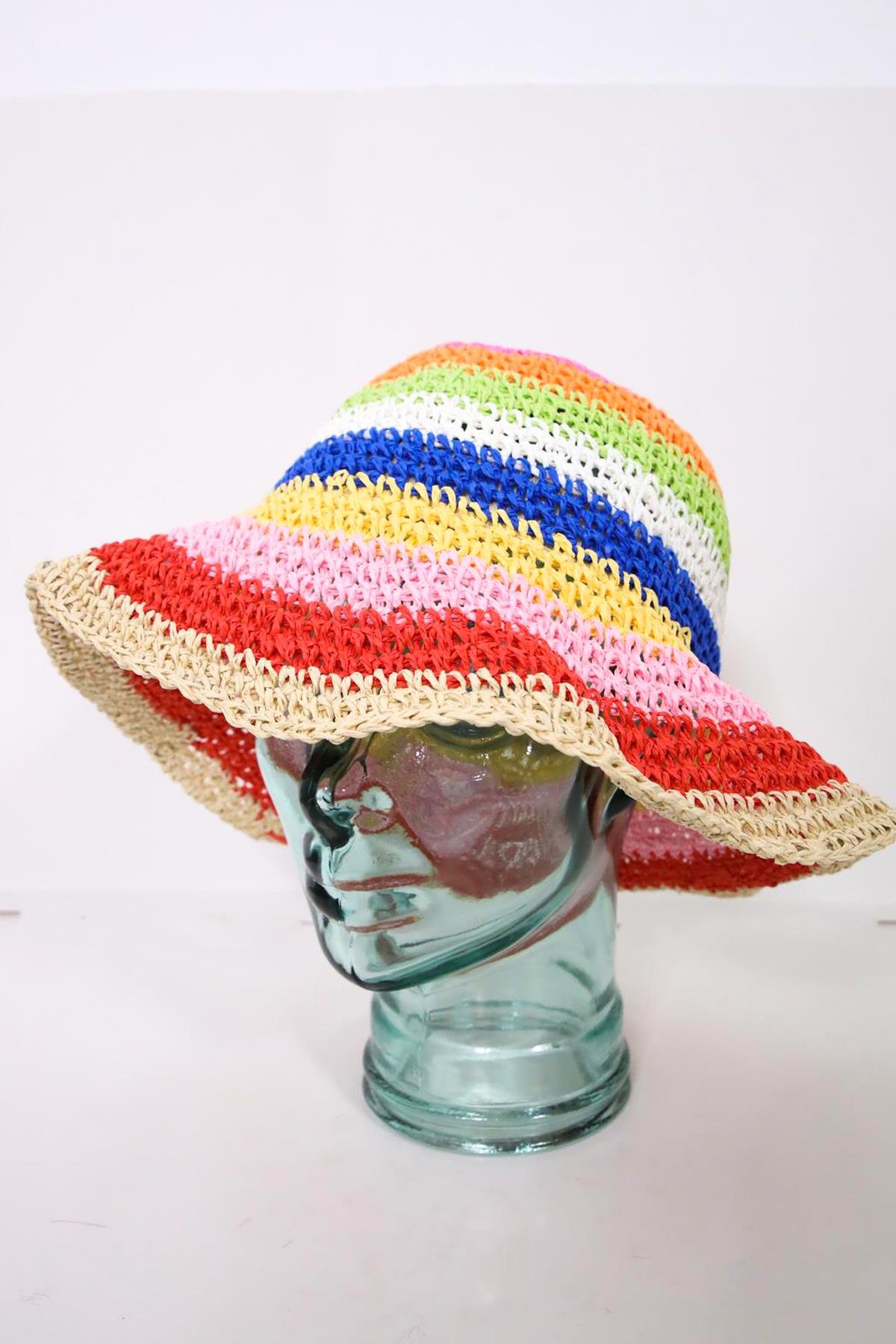  Bej Kırmızı Hasır El Örgüsü Bucket Şapka