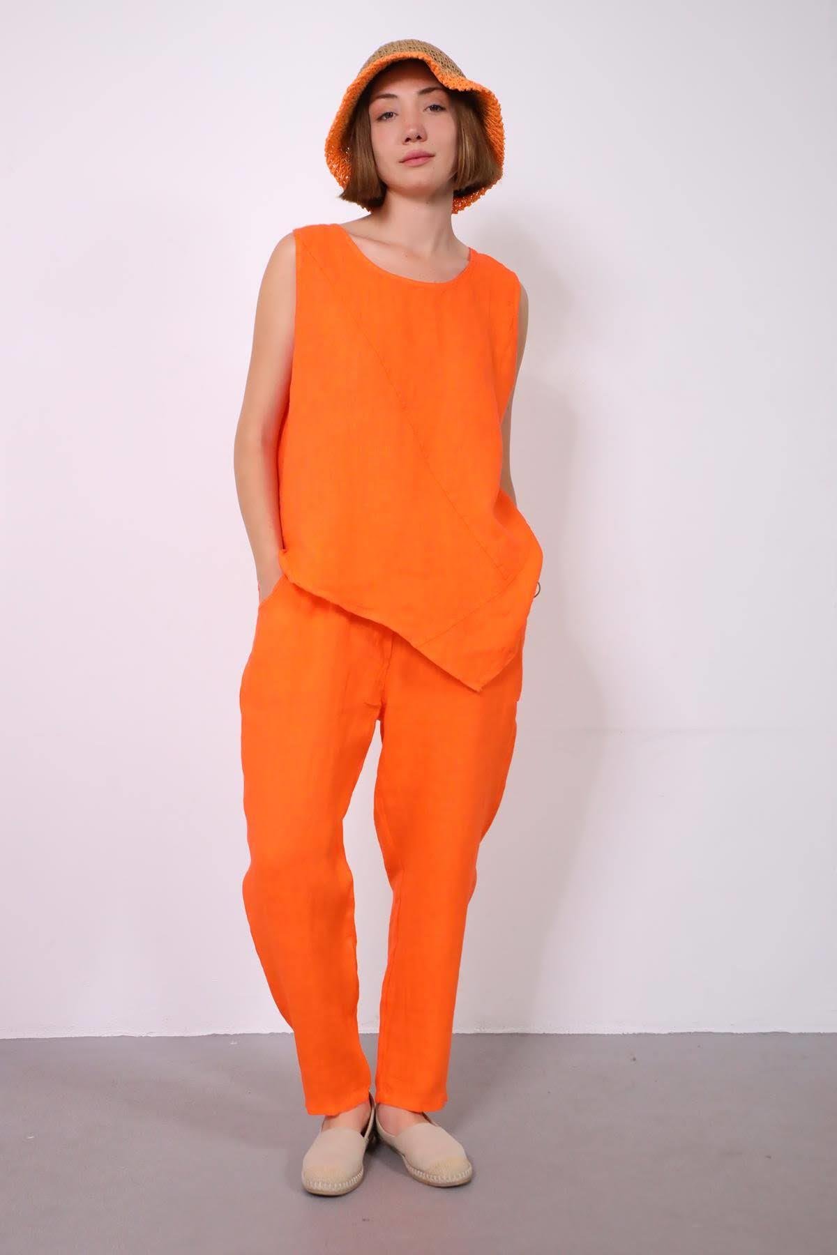  Turuncu Dikişli Sıfır Kol Bluz ve Pantolon Keten Takım