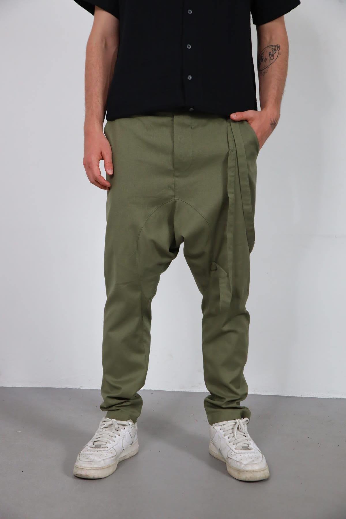  Haki Düz Paça Kordon Detaylı Şalvar Pantolon