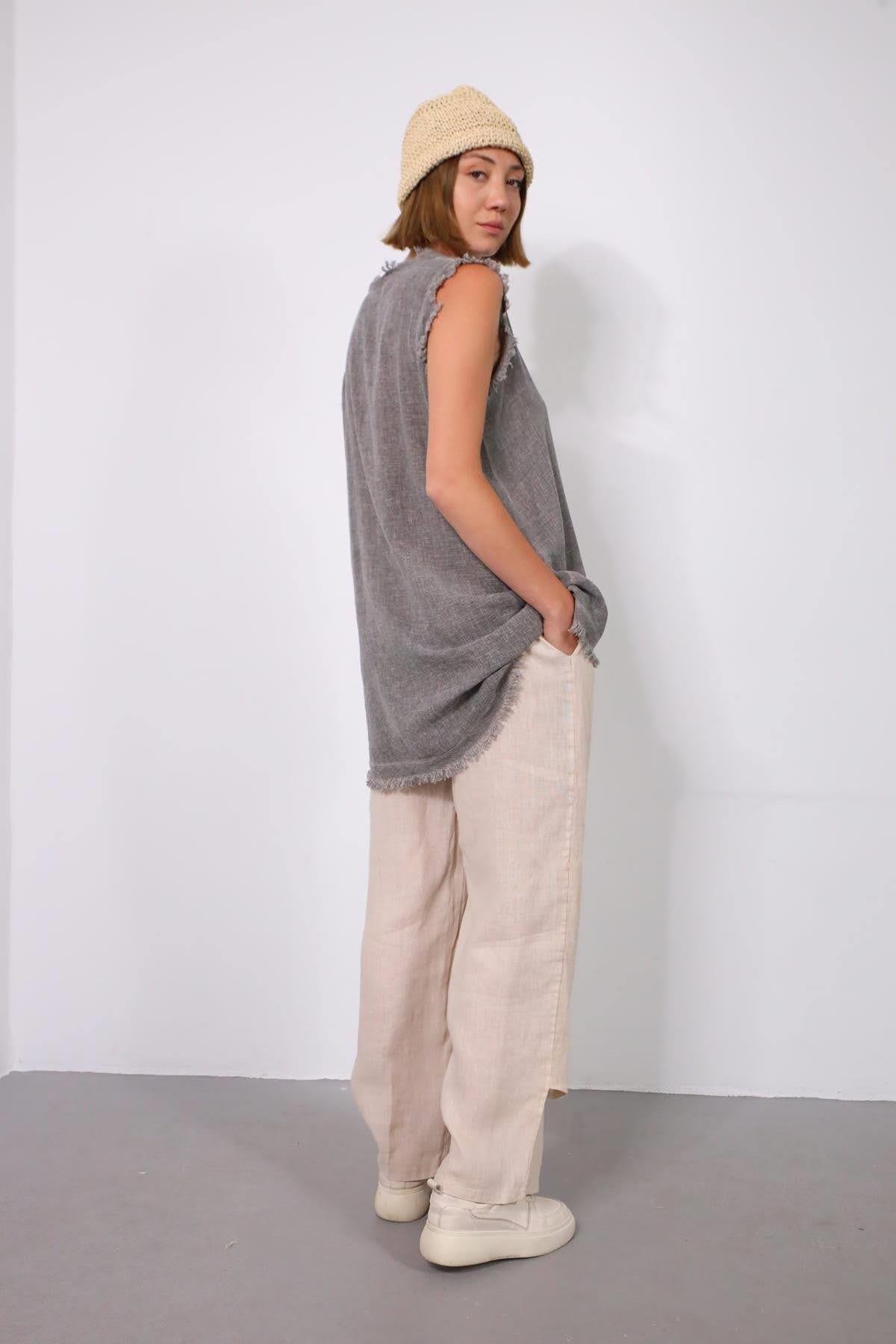 Gri Arkası Uzun Tek Cepli Püsküllü Bluz - Şaman Butik Gri Arkası Uzun Tek Cepli Püsküllü Bluz