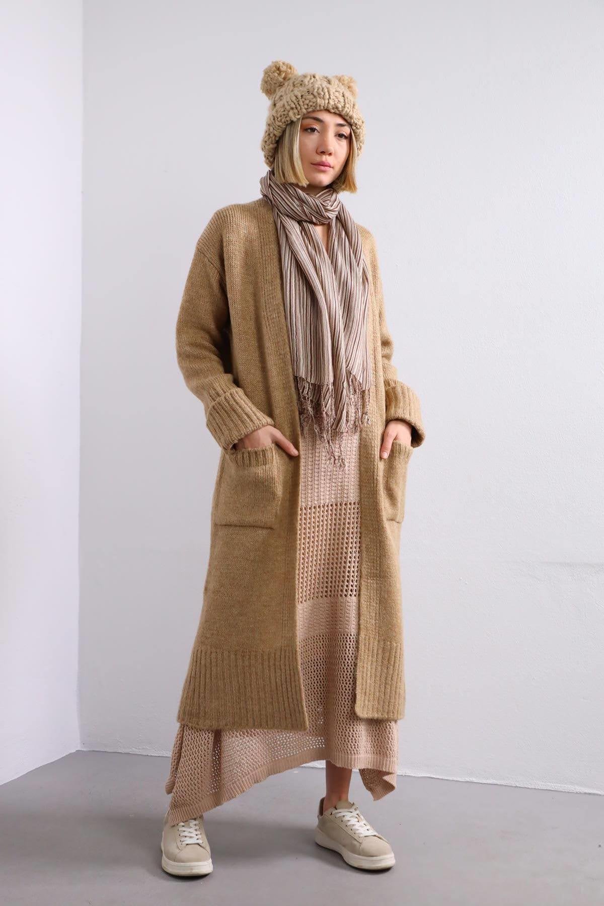 Camel Long Cardigan with Pockets - Saman Butik | Shop Online Camel Long Cardigan with Pockets