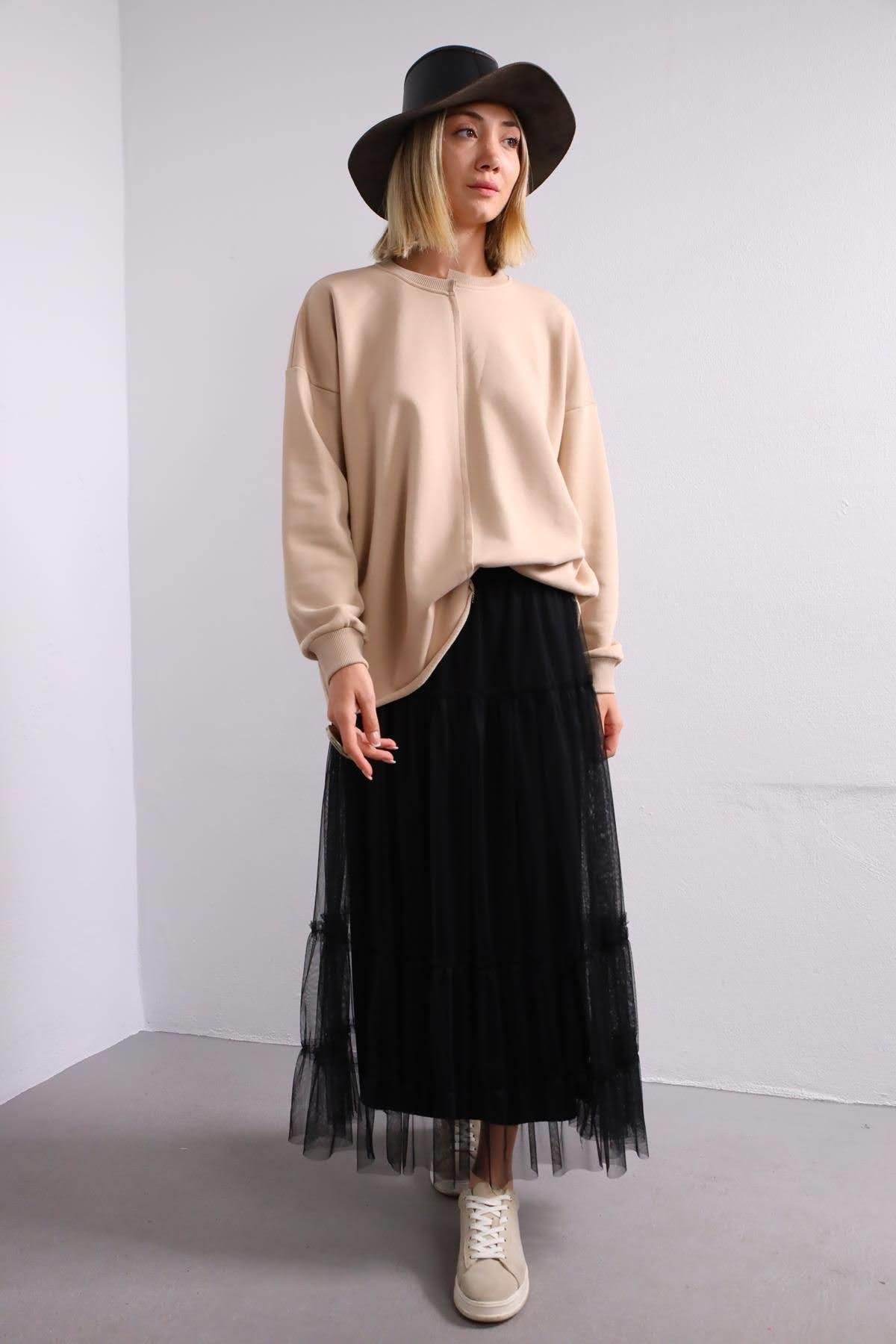  Krem Rengi Önü Dikişli Sweat