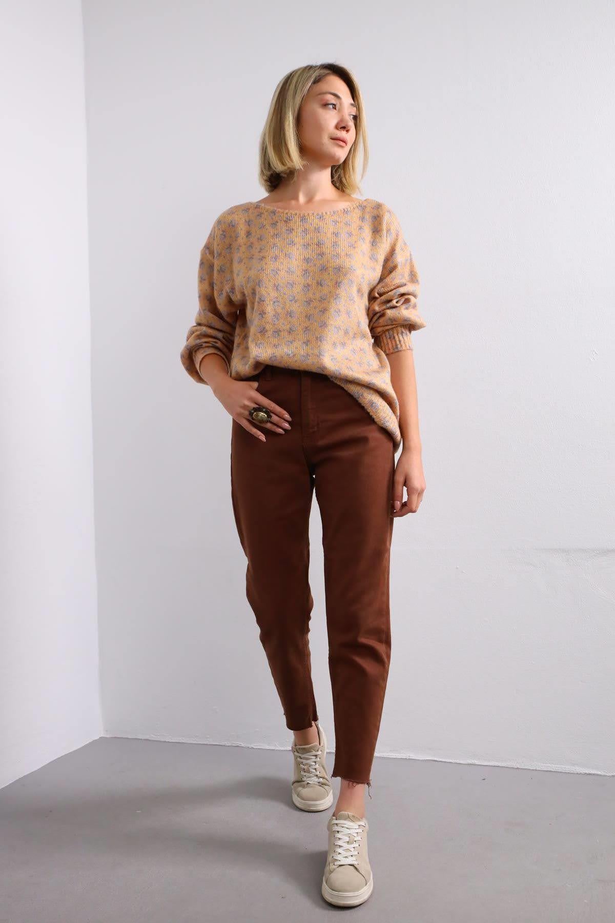  Hardal Rengi Çiçek Desenli Triko Kazak