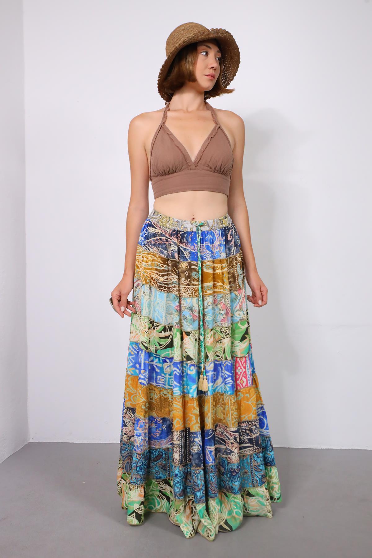 Renkli Patchwork Otantik İpek Etek - Şaman Butik Renkli Patchwork Otantik İpek Etek