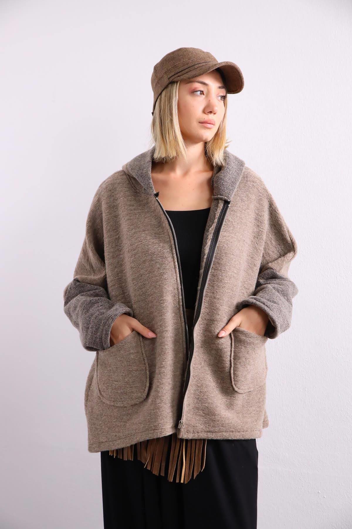 Mink Front Zipper Felt Coat with Pockets Mink Front Zipper Felt Coat with Pockets