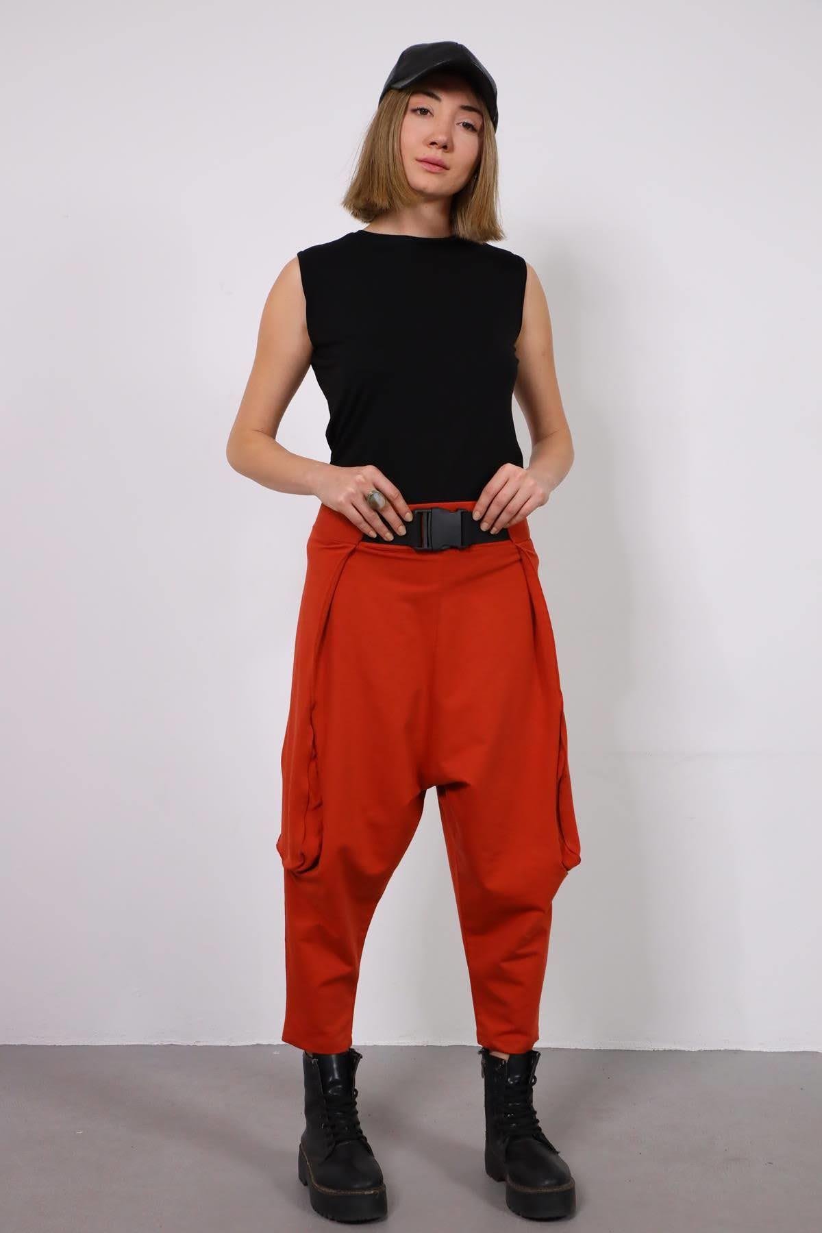 Brick Red Belted Drop Crotch Trousers - Saman Butik | Shop Online Brick Red Belted Drop Crotch Trousers