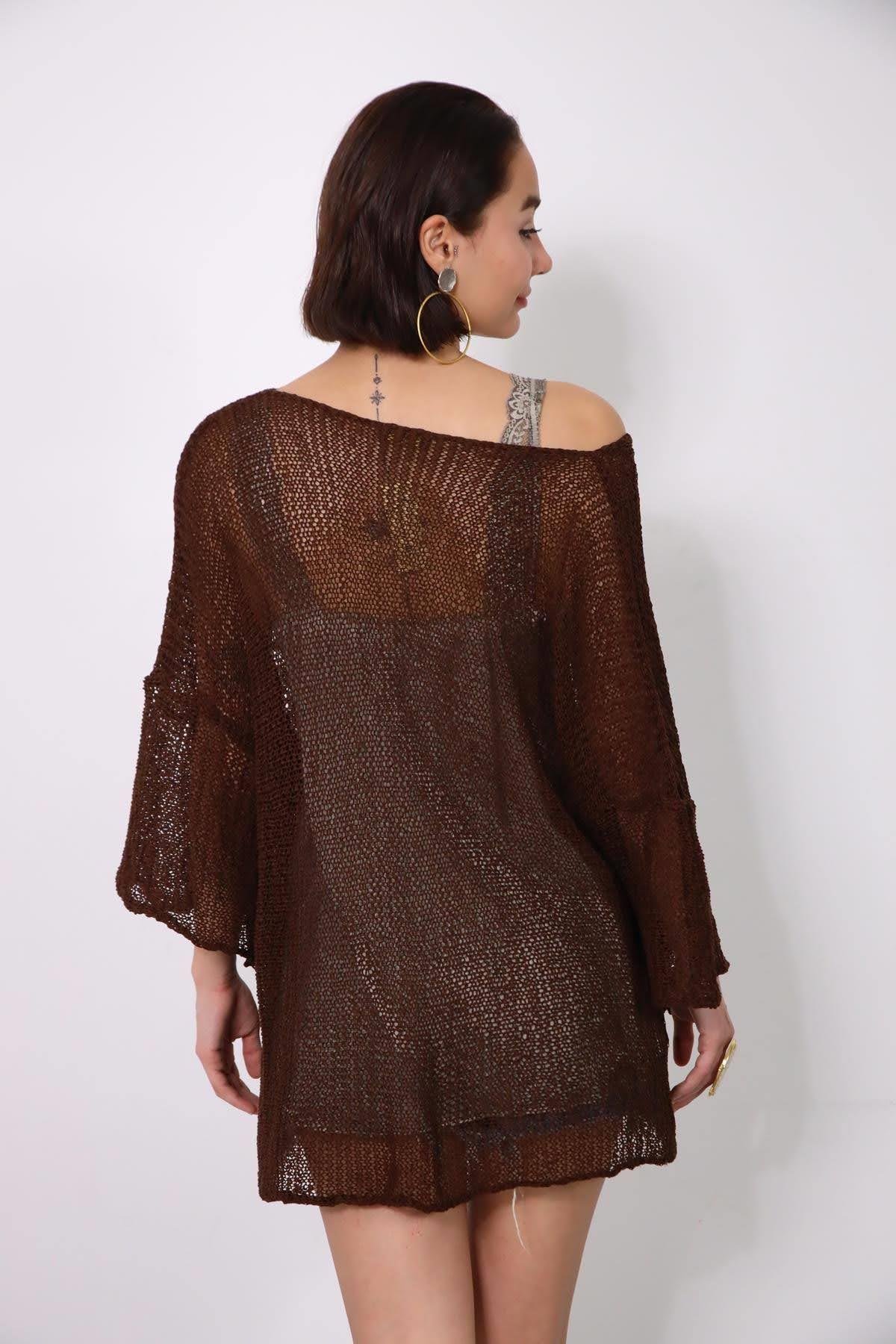Dark Brown Lightweight Knitted Blouse - Saman Butik | Shop Online Dark Brown Lightweight Knitted Blouse