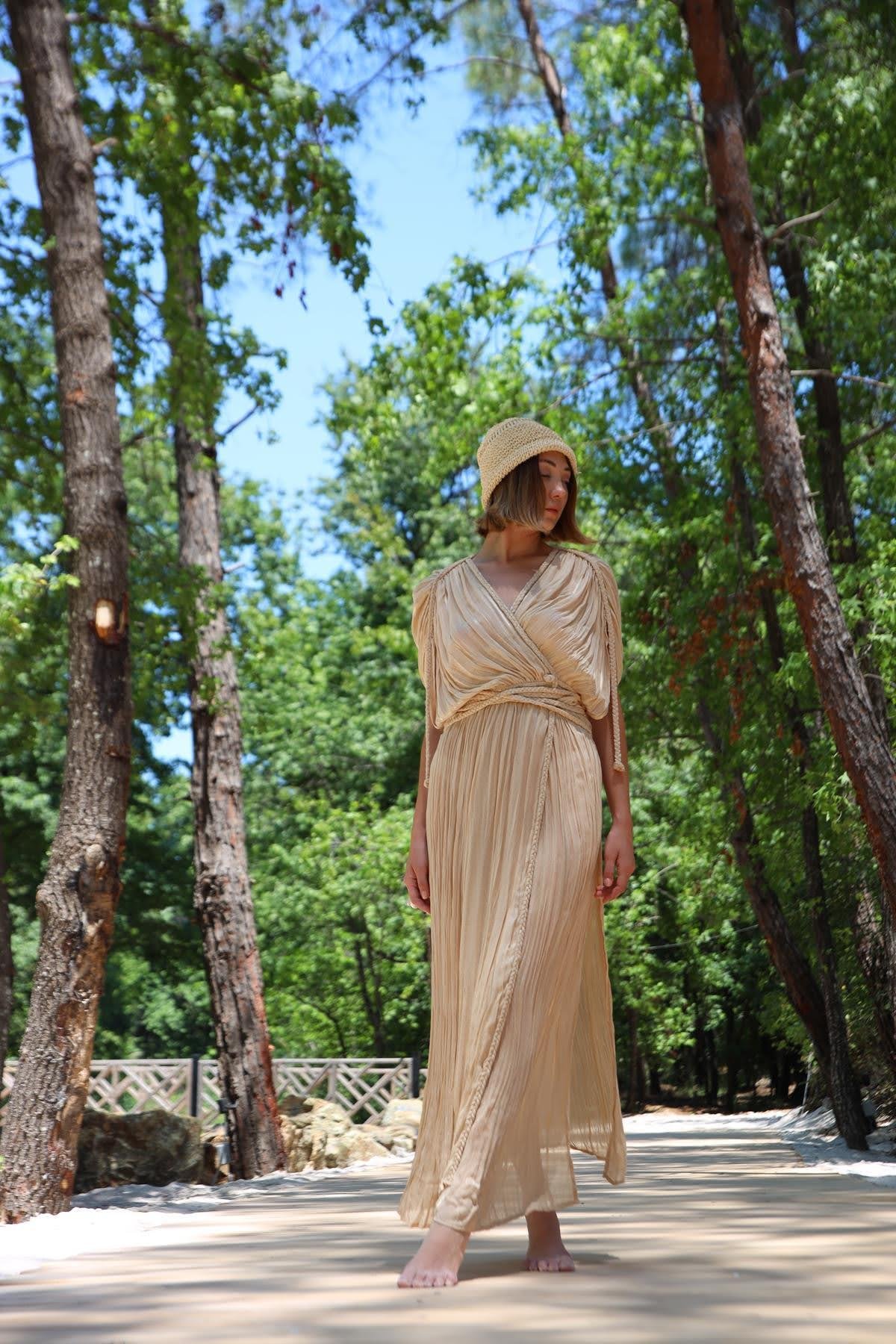  Krem Rengi Örgü Detaylı Beli Lastikli Kimono