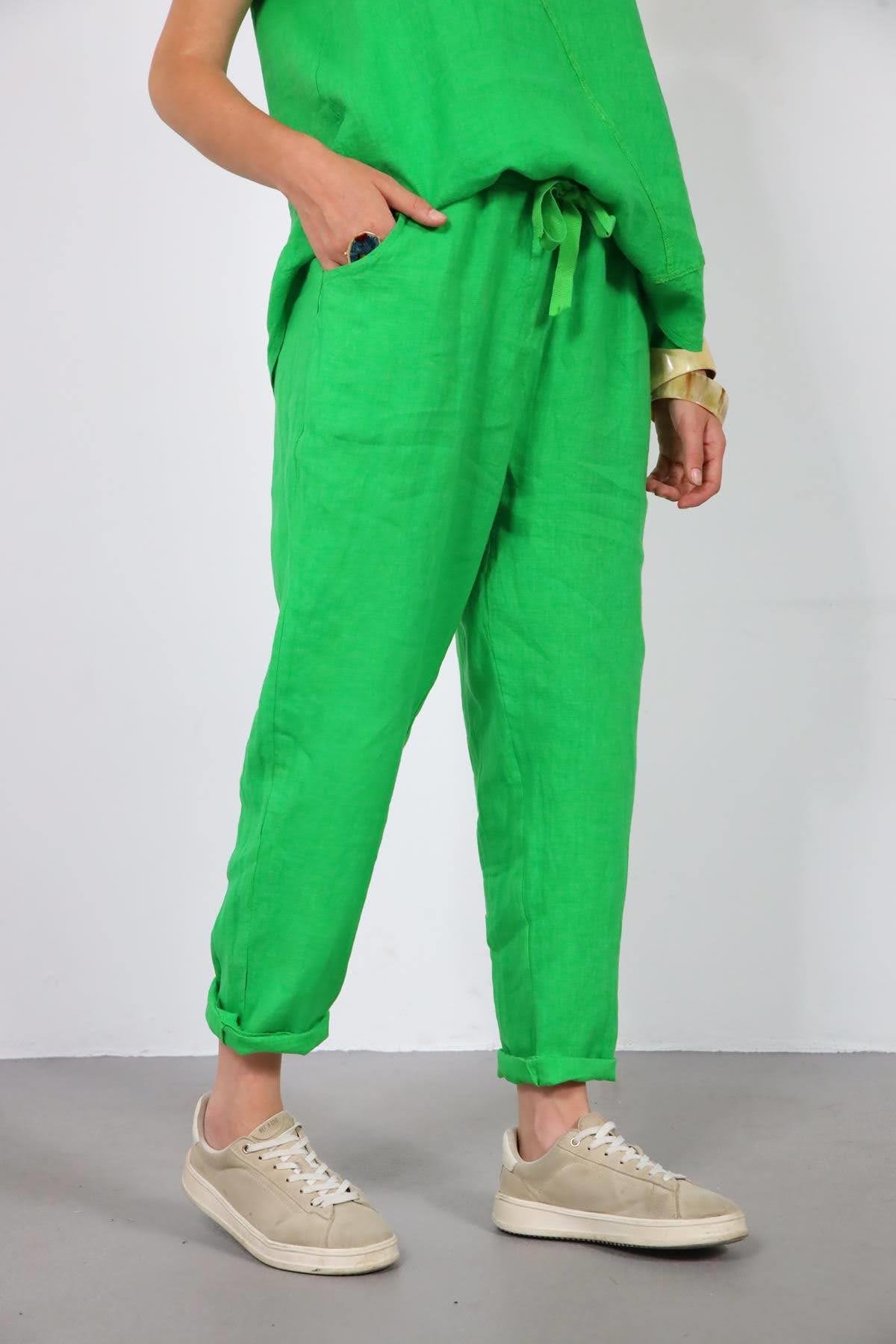  Yeşil Dikişli Sıfır Kol Bluz ve Pantolon Keten Takım