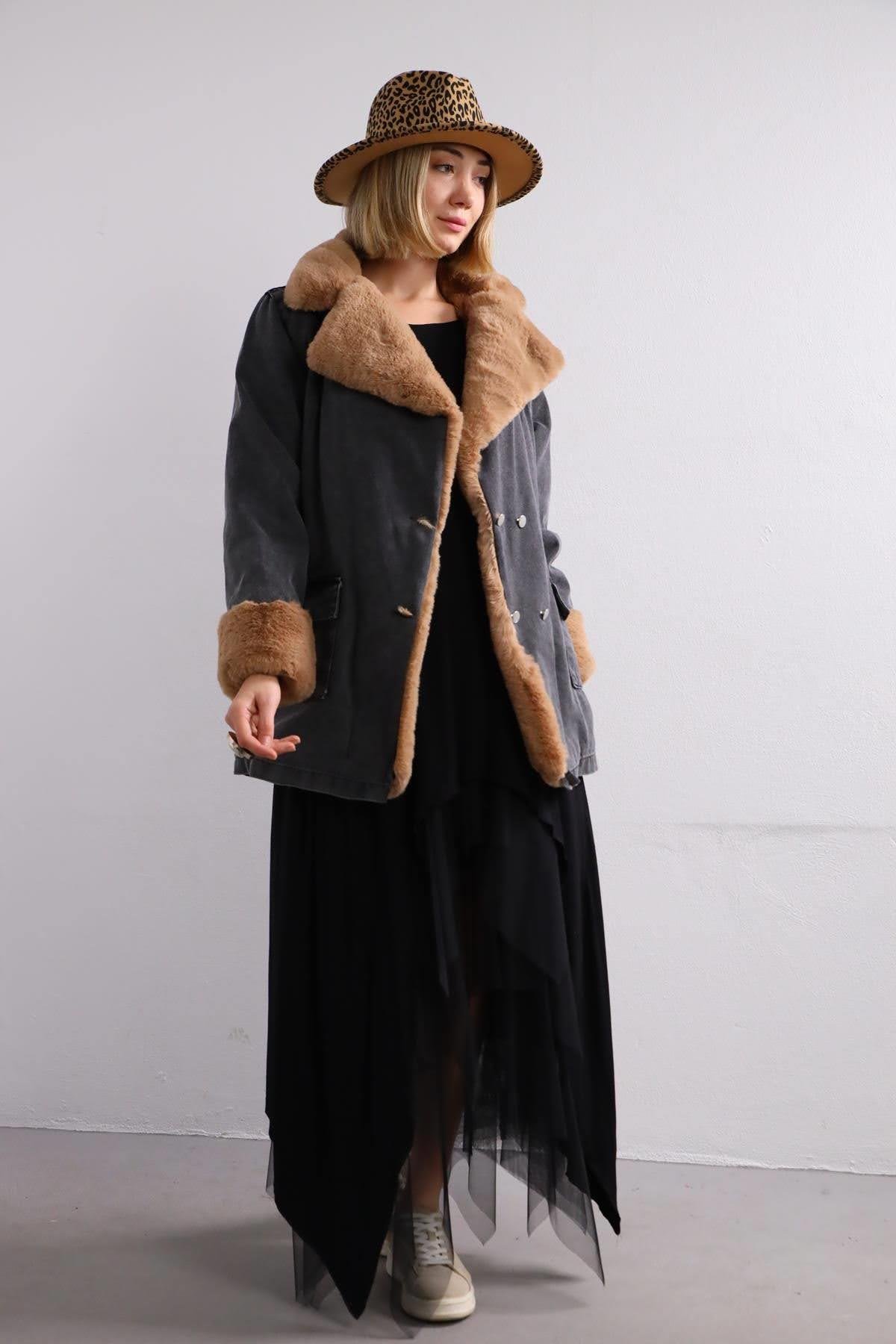  Antrasit Camel Rengi Kürklü Kot Ceket