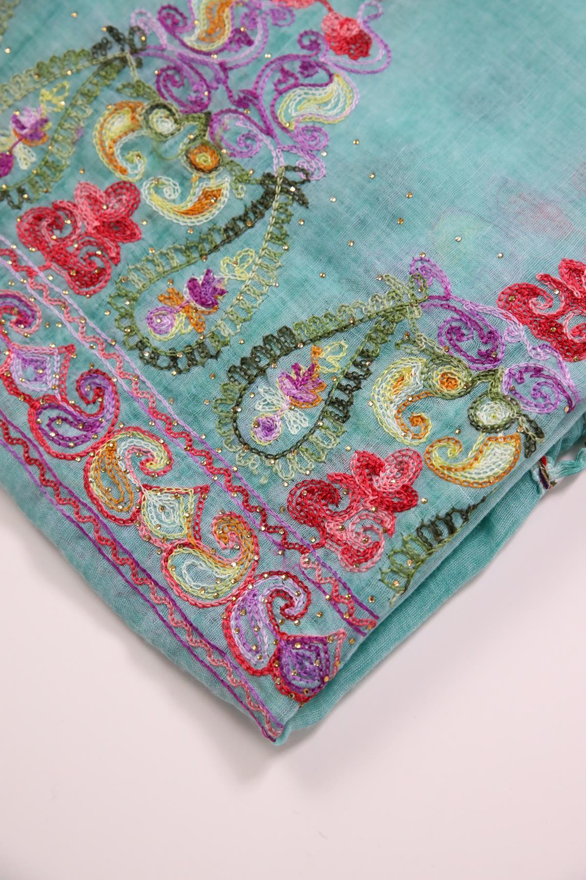  Su Yeşili İşlemeli Boncuklu Şal