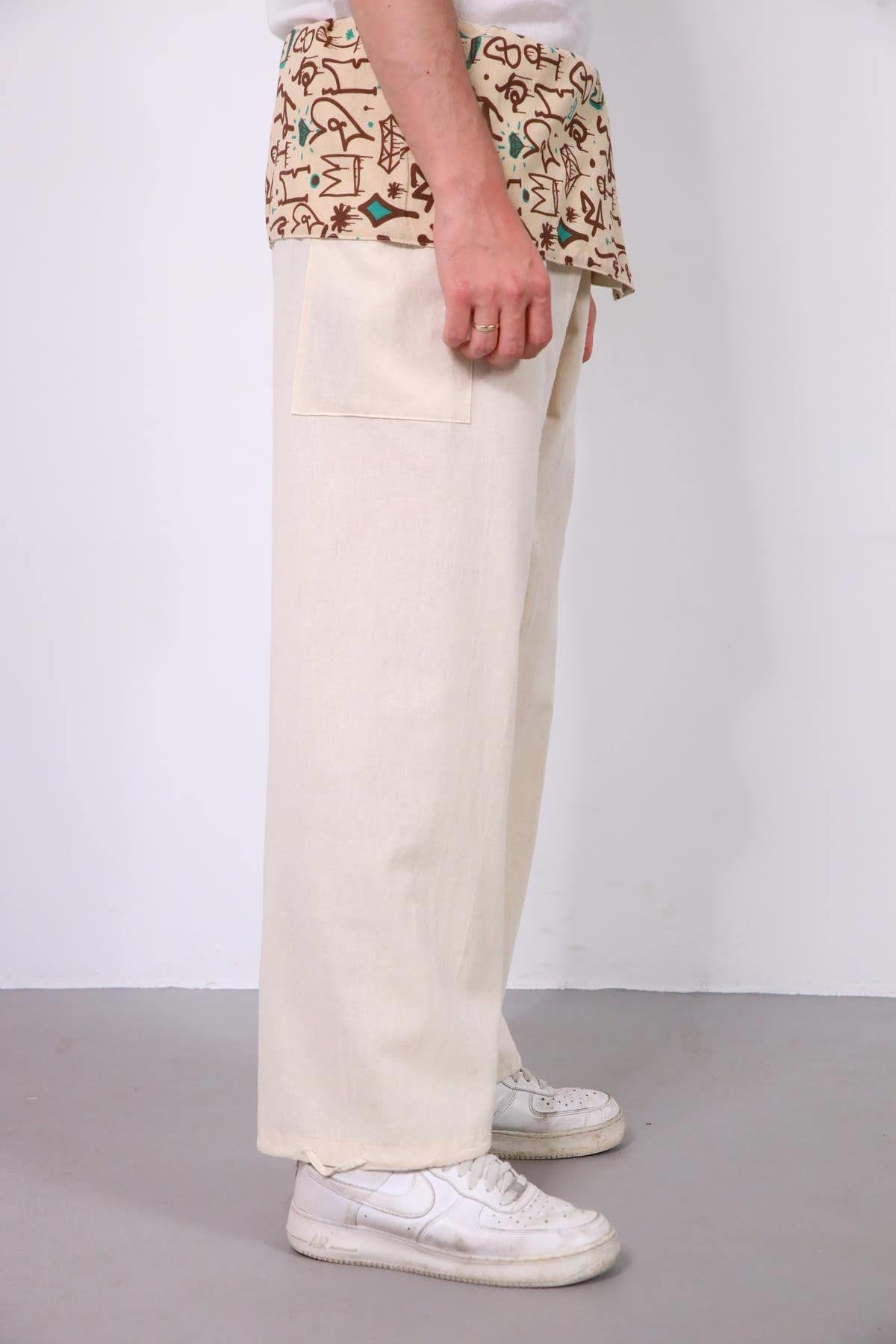  Krem Rengi Beli Desenli Balıkçı Pantolon