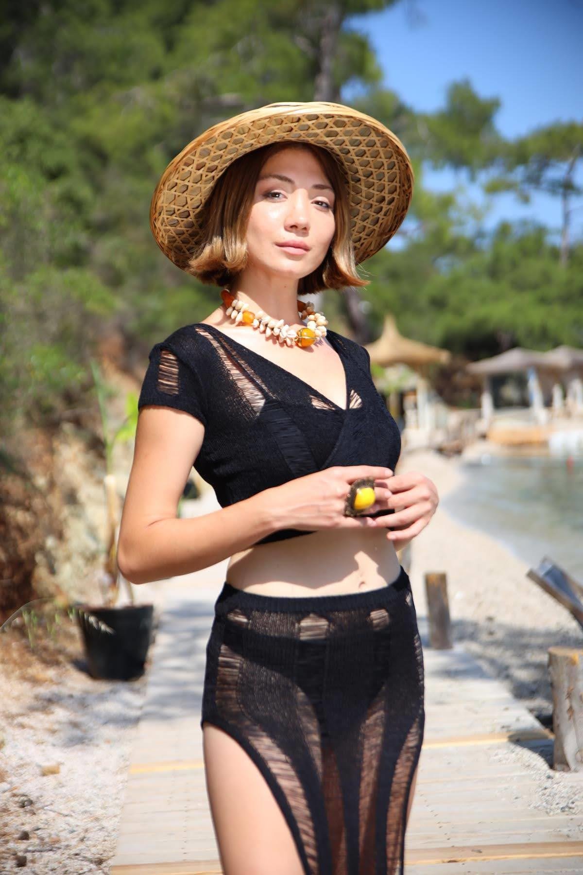  Siyah Bambu Tasarım Bolero ve Pantolon Takım