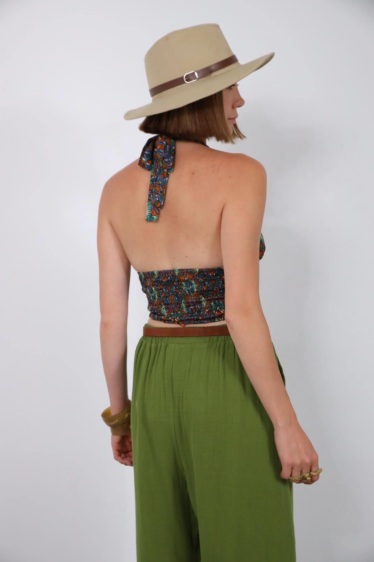 Hardal Rengi Desenli Boyundan Bağlamalı Crop Bluz - Şaman Butik Hardal Rengi Desenli Boyundan Bağlamalı Crop Bluz