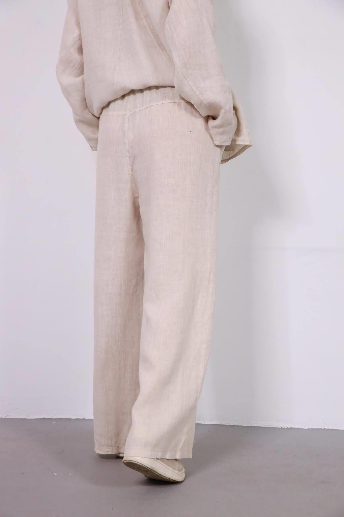  Krem Rengi Cep Detaylı Gömlek Pantolon Keten Takım