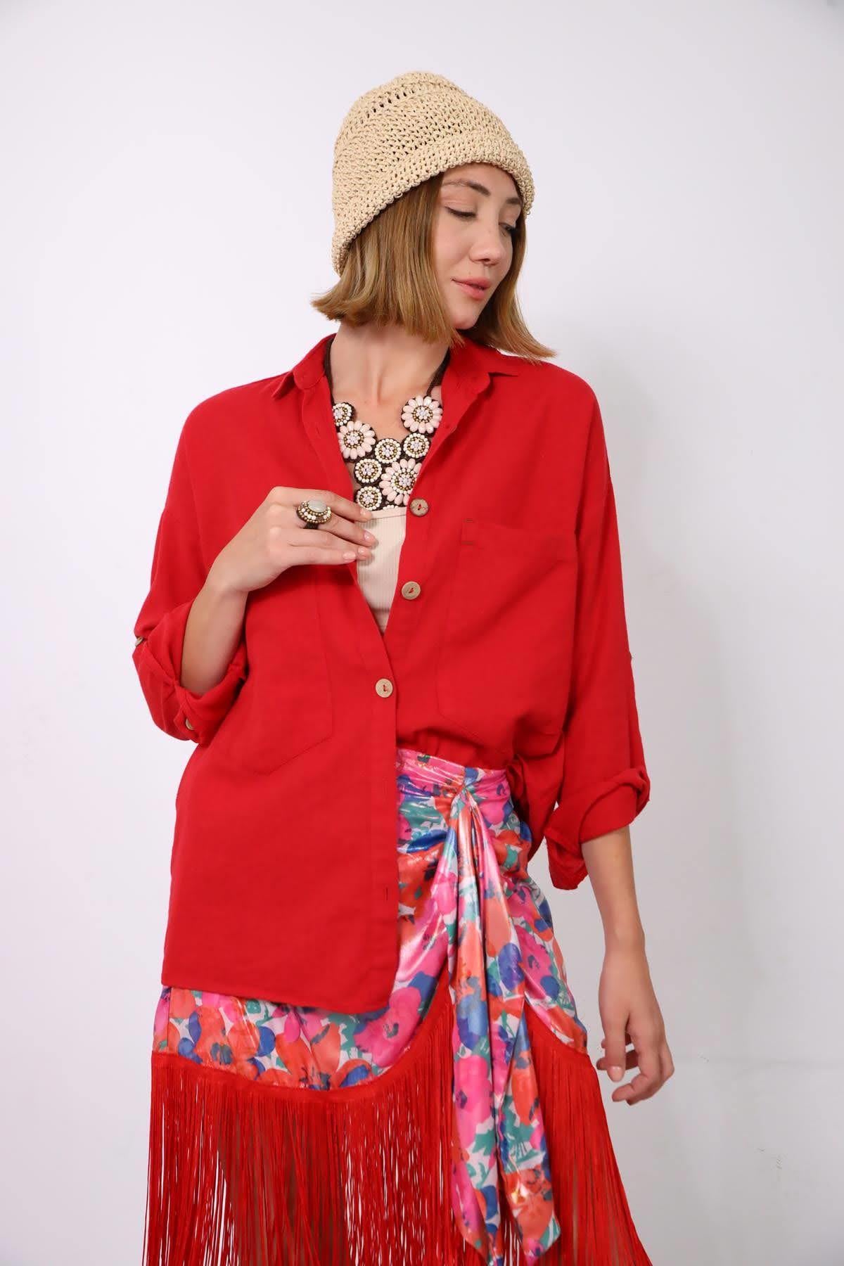 Kırmızı Büyük Cepli Gömlek - Şaman Butik - Bohem Giyim ve Aksesuar | Kadın & Erkek Kırmızı Büyük Cepli Gömlek