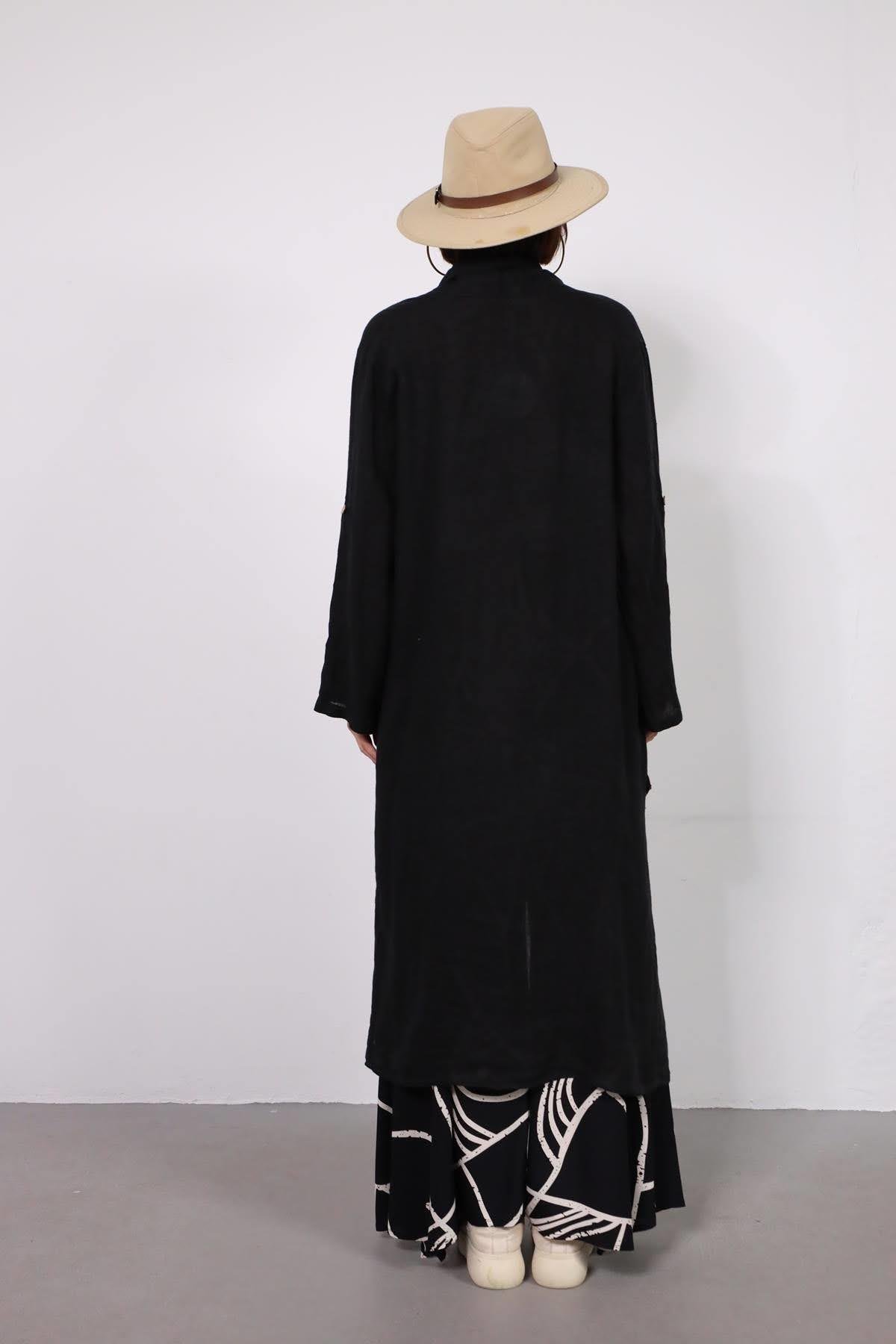 Siyah Cebi Düğmeli Keten Kaftan - Şaman Butik - Bohem Giyim ve Aksesuar | Kadın & Erkek Siyah Cebi Düğmeli Keten Kaftan