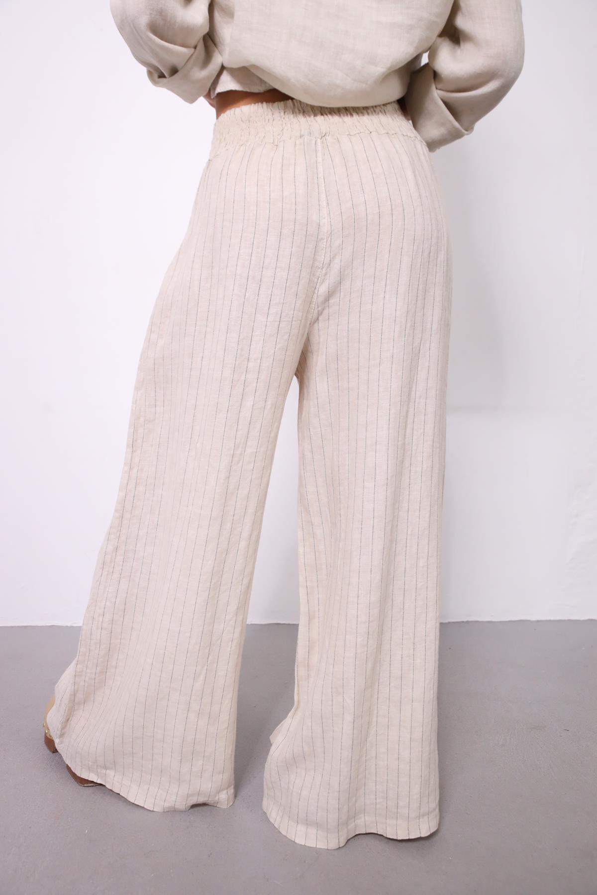  Krem Rengi Düğme Detaylı Çizgili Keten Takım