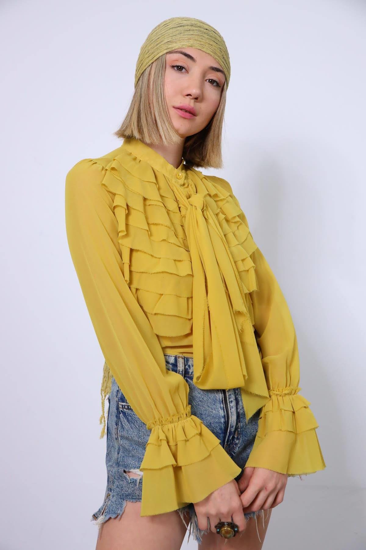 Navy Blue Floral Stitched Waist Shirt Dress - Şaman Butik Yellow Tie Collar Ruffle Trim Chiffon Blouse