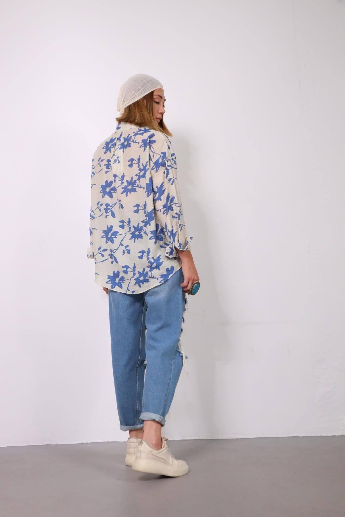  Saks Mavisi Desenli Sırtı Pileli Gömlek