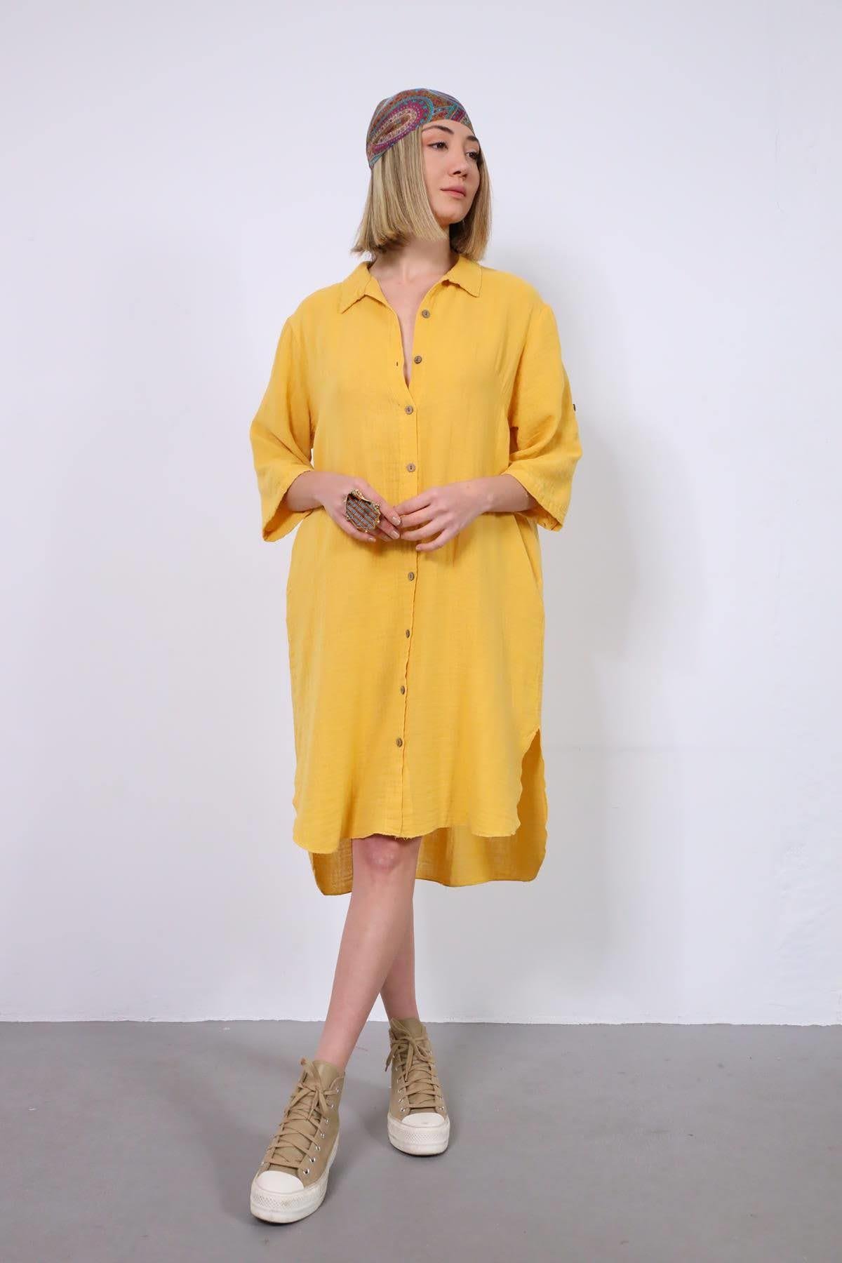  Sarı Apoletli Müslin Gömlek Elbise