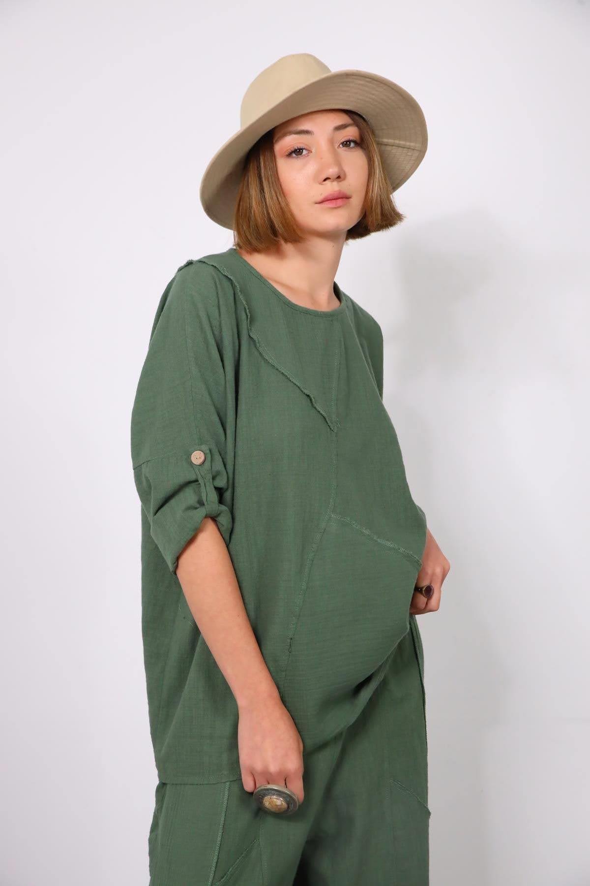  Haki Müslin Parçalı Dikişli Pantolon ve Bluz Takım