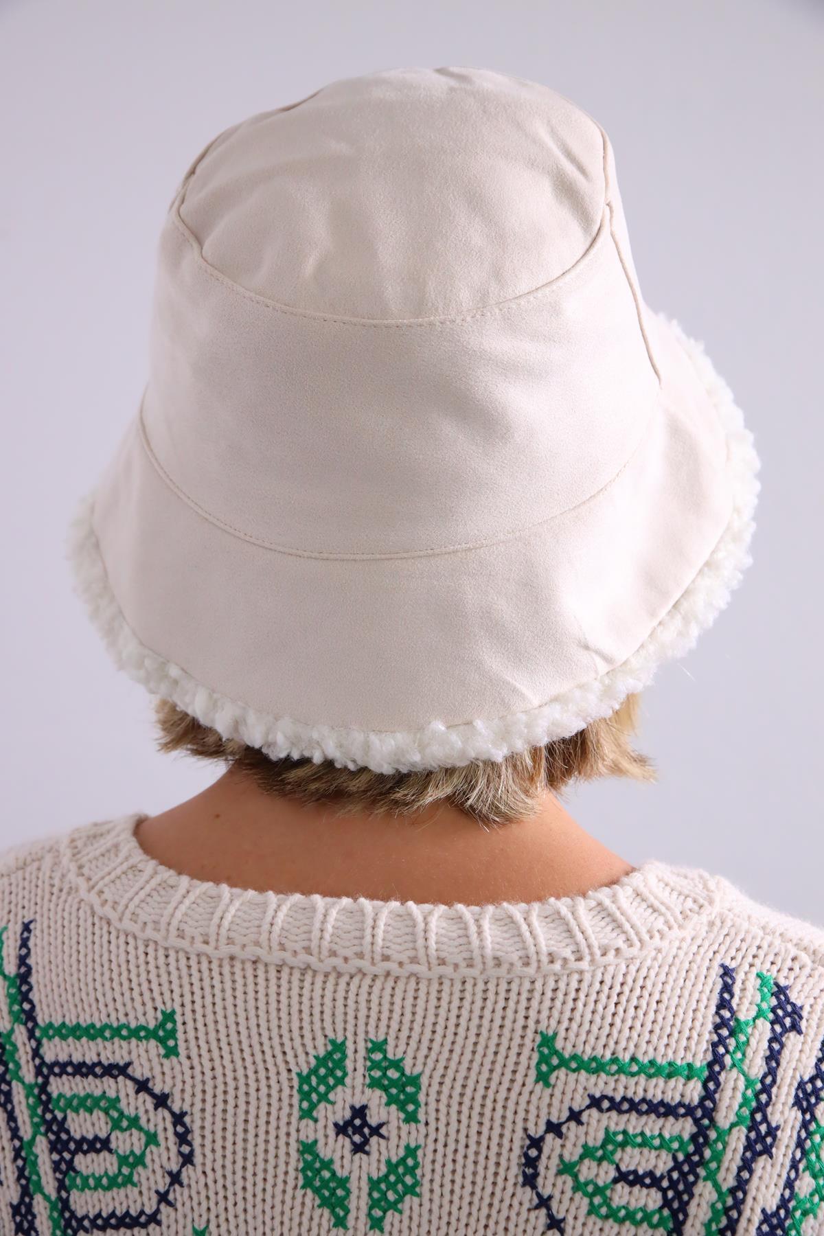  Krem Rengi Süet Bucket Şapka