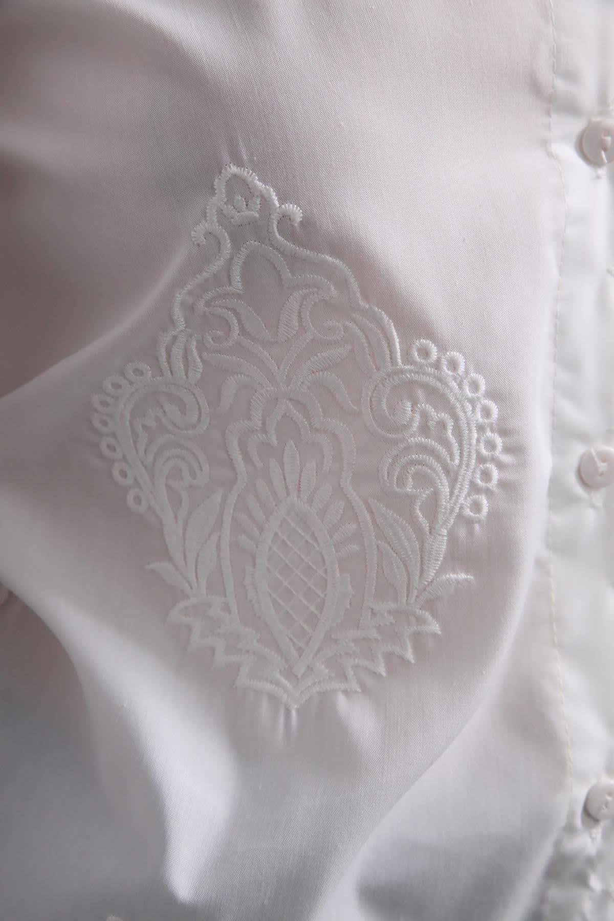 Navy Blue Floral Stitched Waist Shirt Dress - Şaman Butik White Guipure Detail Vintage Shirt