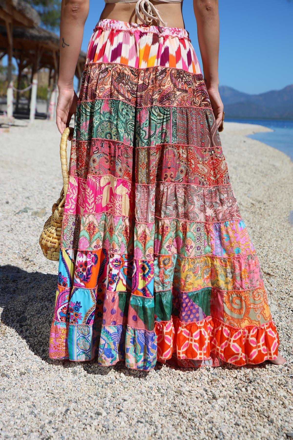  Renkli Patchwork Otantik İpek Etek