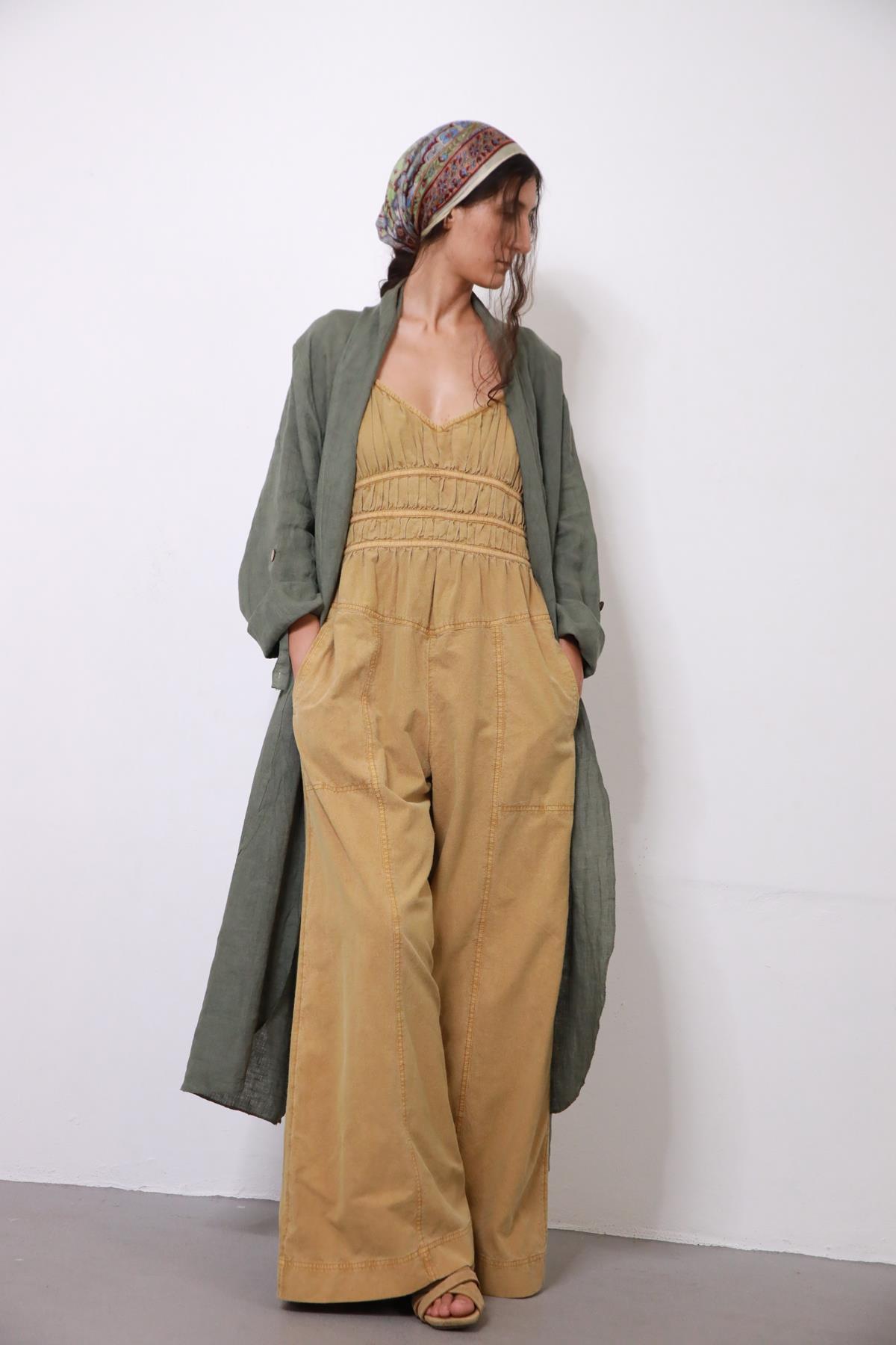  Haki Cebi Düğmeli Keten Kaftan