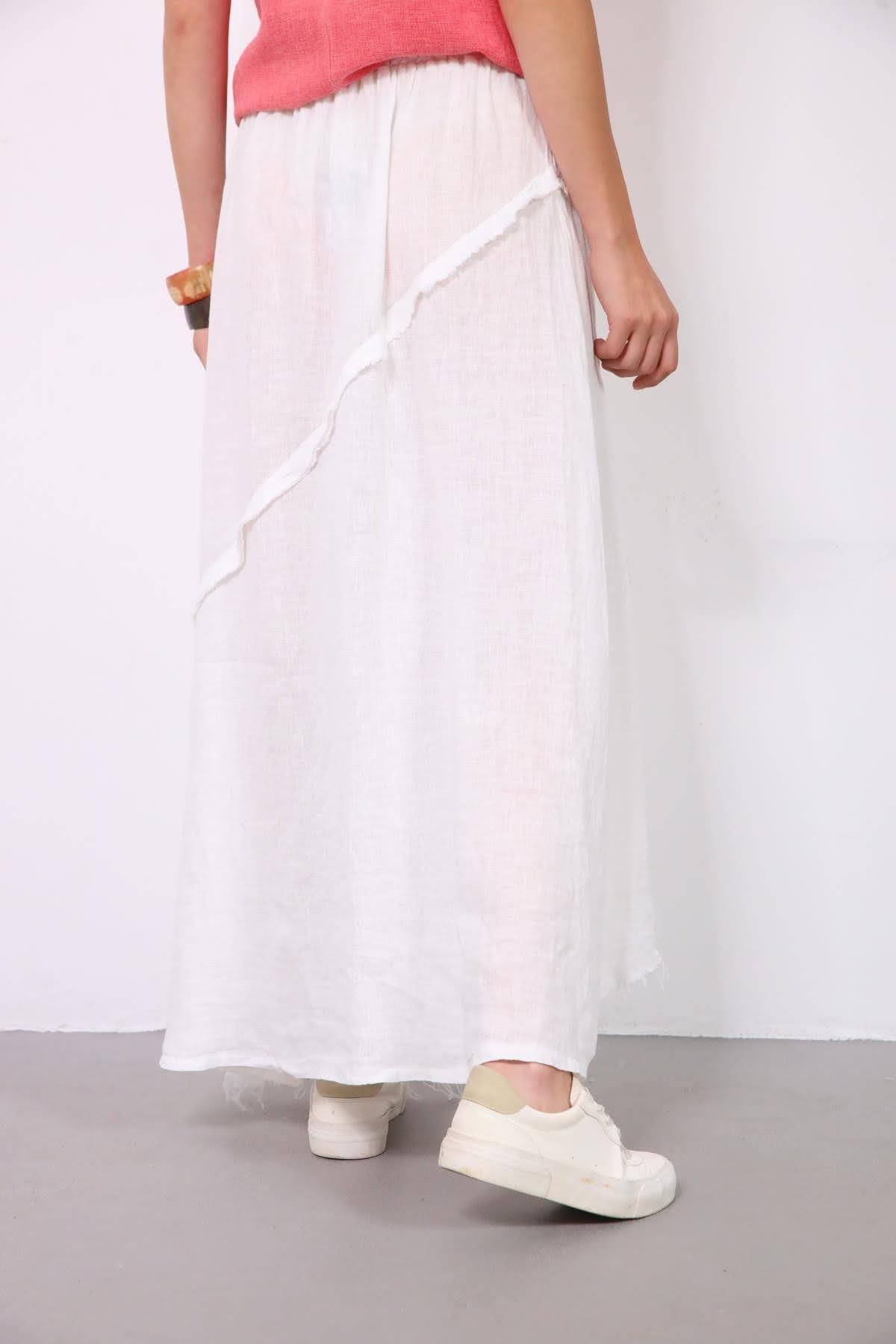 Beyaz Asimetrik Püsküllü Dikiş Detaylı Keten Etek - Şaman Butik Beyaz Asimetrik Püsküllü Dikiş Detaylı Keten Etek