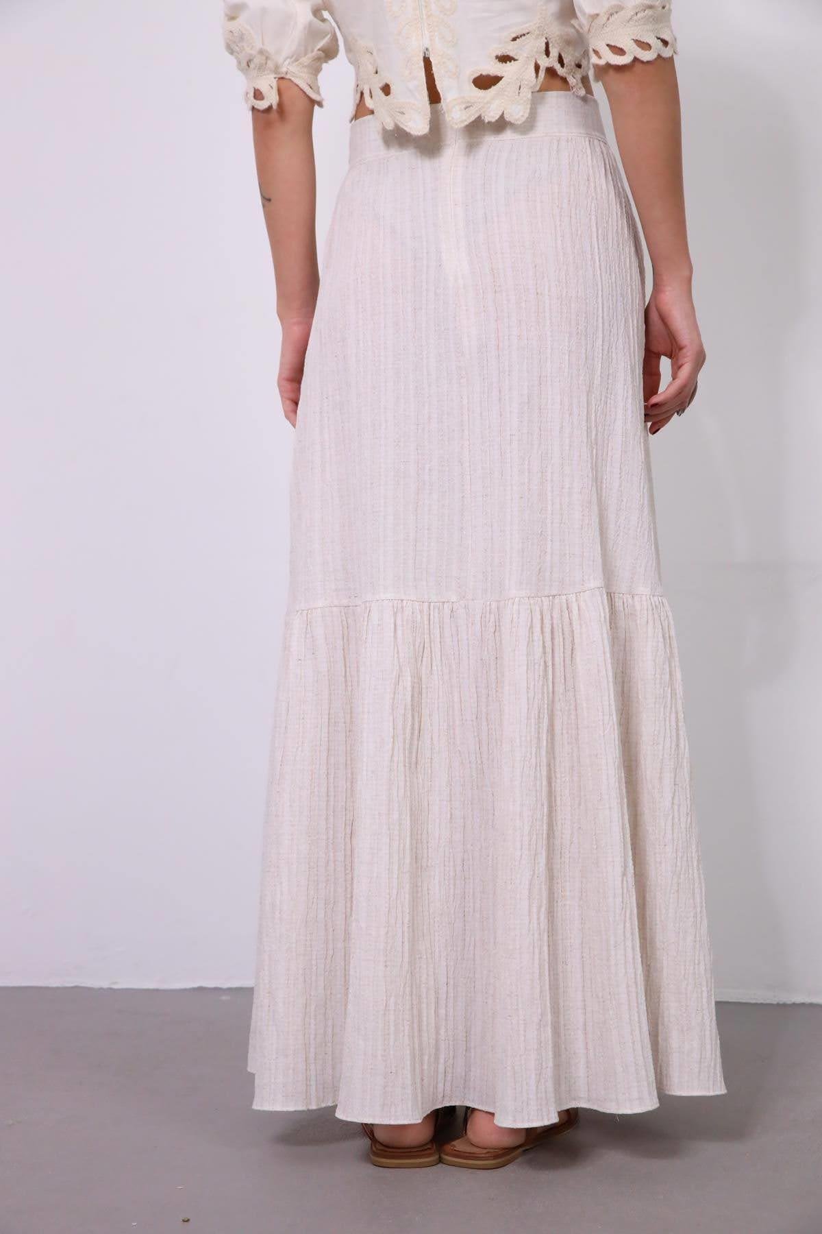  Krem Rengi Büzgülü Gofre Etek