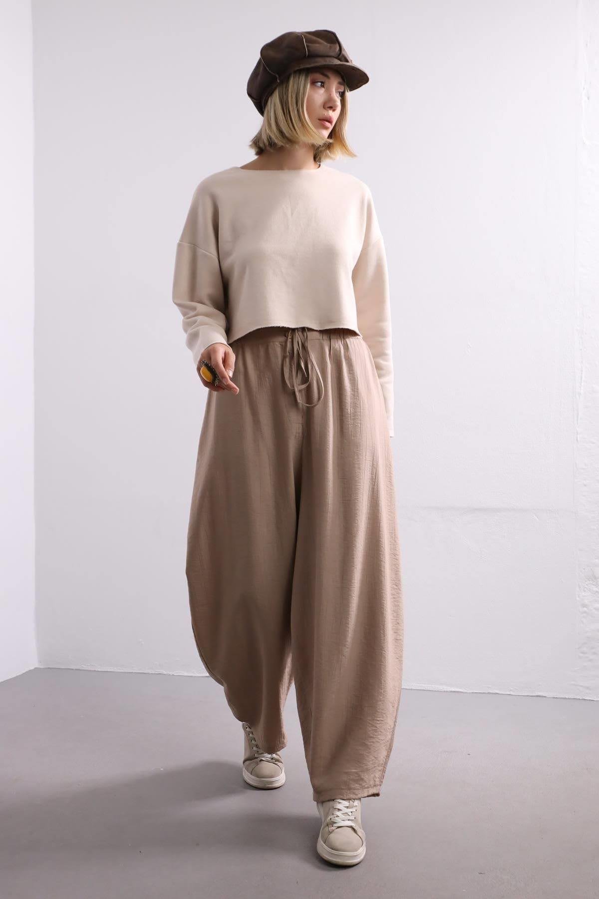  Taş Rengi Salaş Crop Sweat