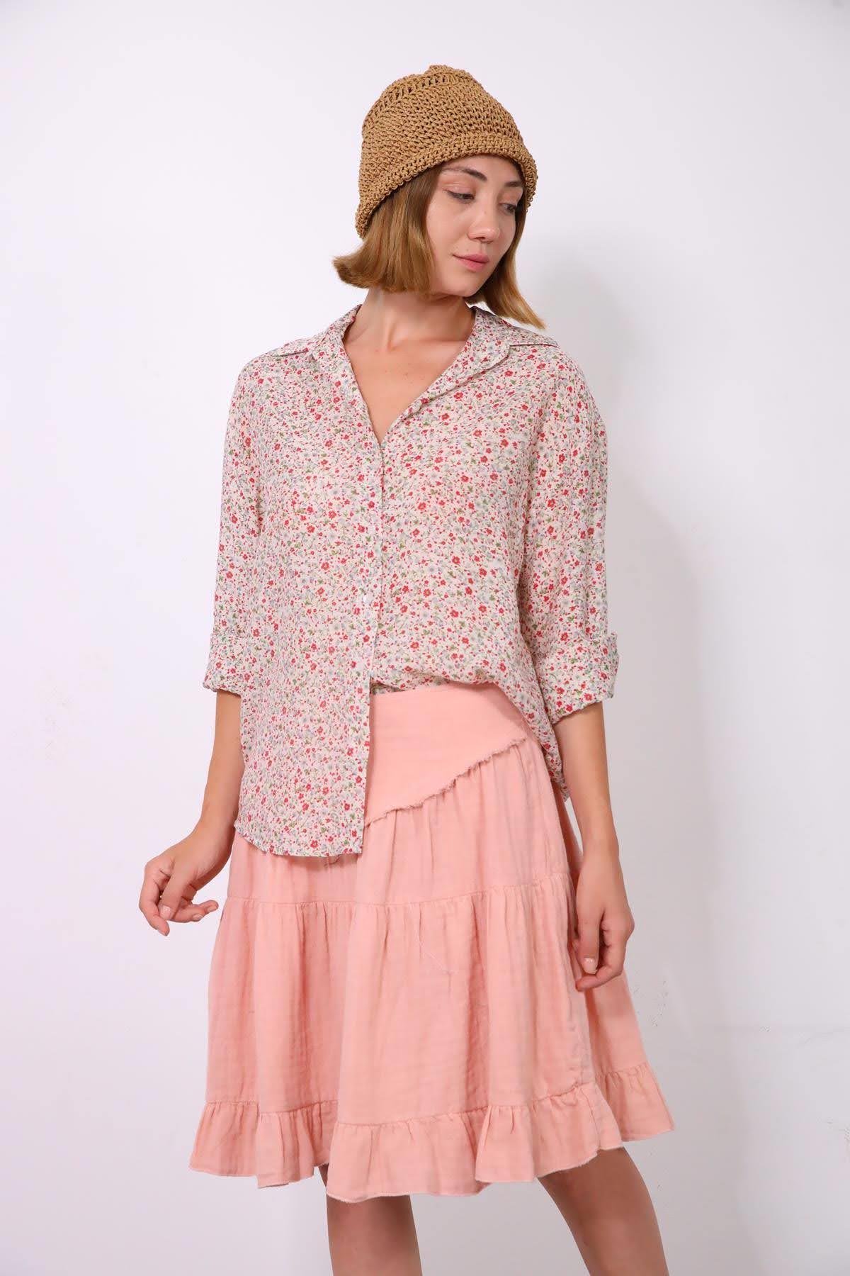  Pudra Pembe Asimetrik Püsküllü Müslin Etek