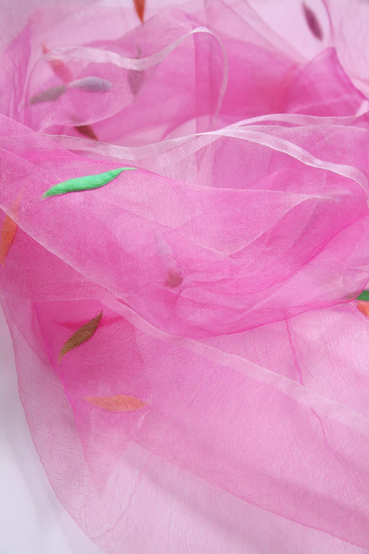 Pembe Renkli Pamuk Desenli Tül Şal - Şaman Butik Pembe Renkli Pamuk Desenli Tül Şal