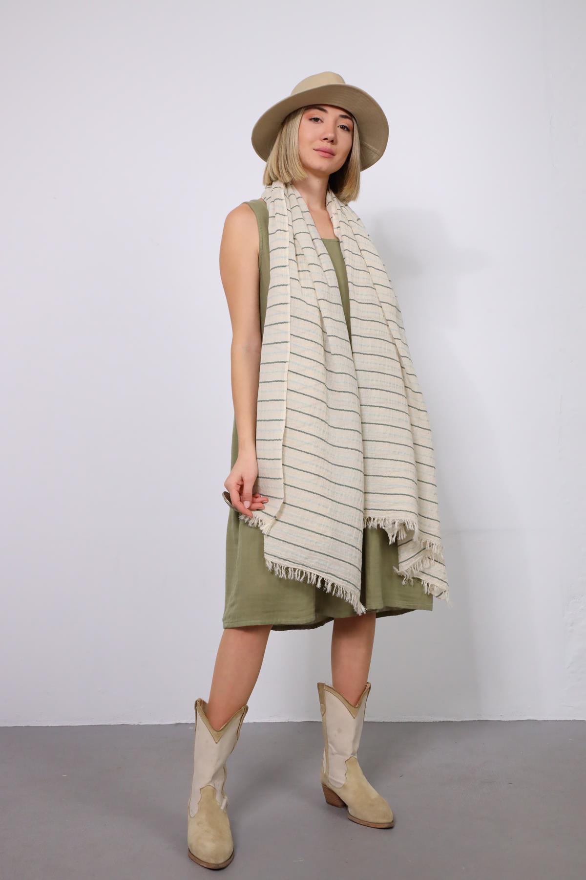 Açık Mavi ve Haki Çizgili Keten Diba Şal - Şaman Butik Açık Mavi ve Haki Çizgili Keten Diba Şal