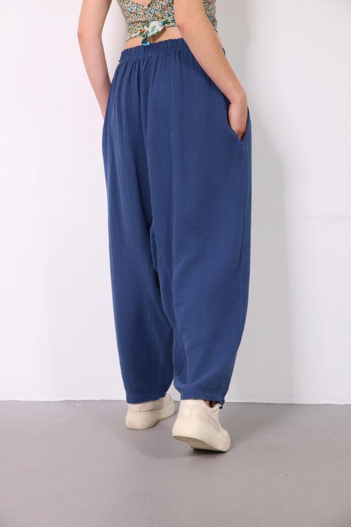  Petrol Mavisi Beli İpli Müslin Şalvar