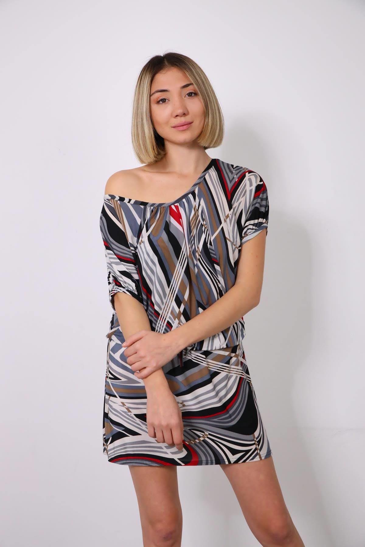 Gri Renkli Desenli Bel Bağlamalı Elbise - Şaman Butik Gri Renkli Desenli Bel Bağlamalı Elbise