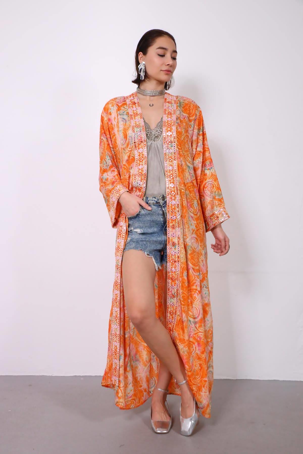 Turuncu Ayna İşlemeli Otantik İpek Kimono - Şaman Butik Turuncu Ayna İşlemeli Otantik İpek Kimono